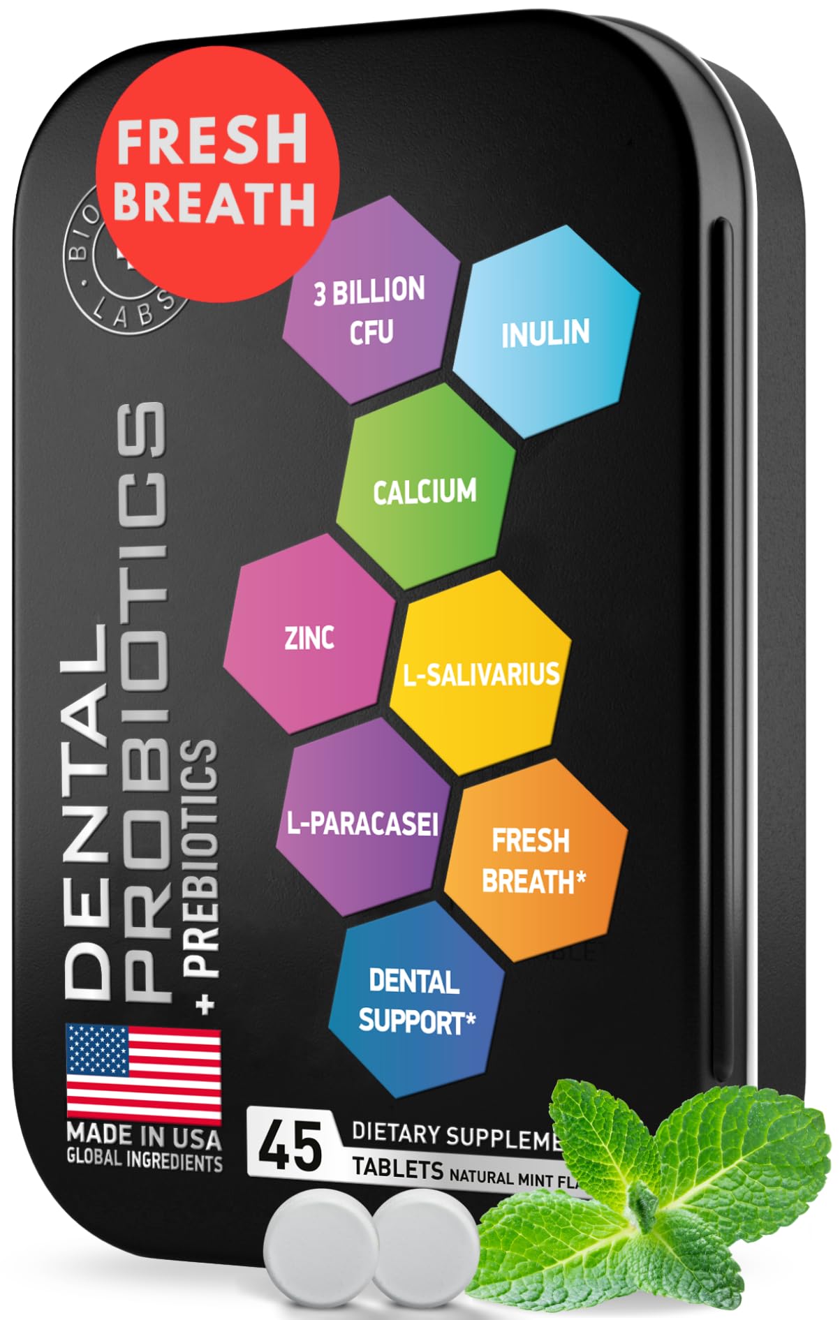 Dental Probiotics for Teeth and Gums - Best Oral Probiotic for Teeth, Gums and Bad Breath - Lactobacillus Salivarius Probiotic and Prebiotic Blend - 45 Natural Mint Tablets in a Tin