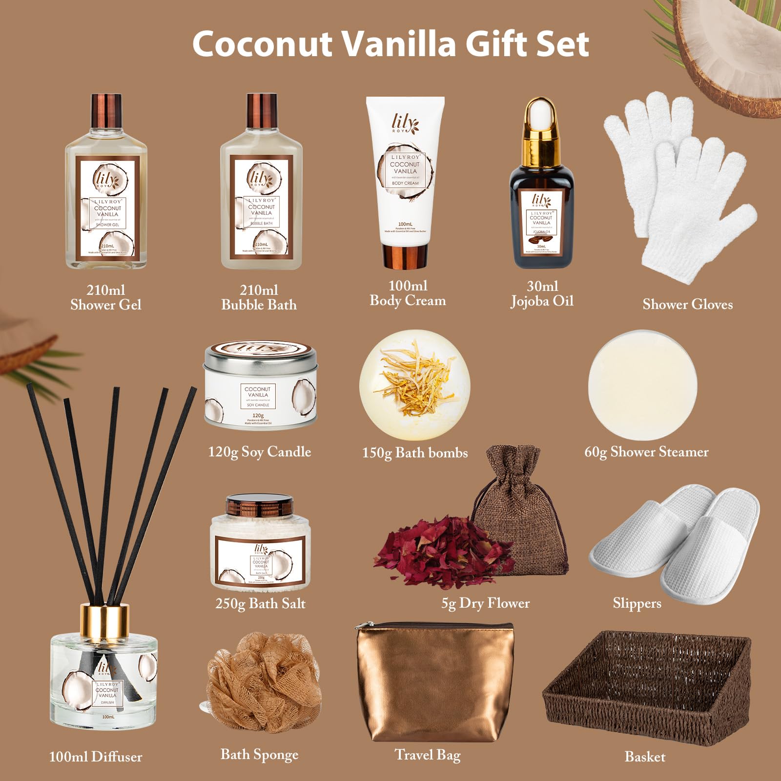 Gifts for Women & Men, Coconut Vanilla Birthday Gift Basket, Spa Gift Basket for Women, Bath and Body Spa Gifts for Mom & Dad, Spa Gift Set Designed for Fathers Day, Mothers Day, Christmas Gifts
