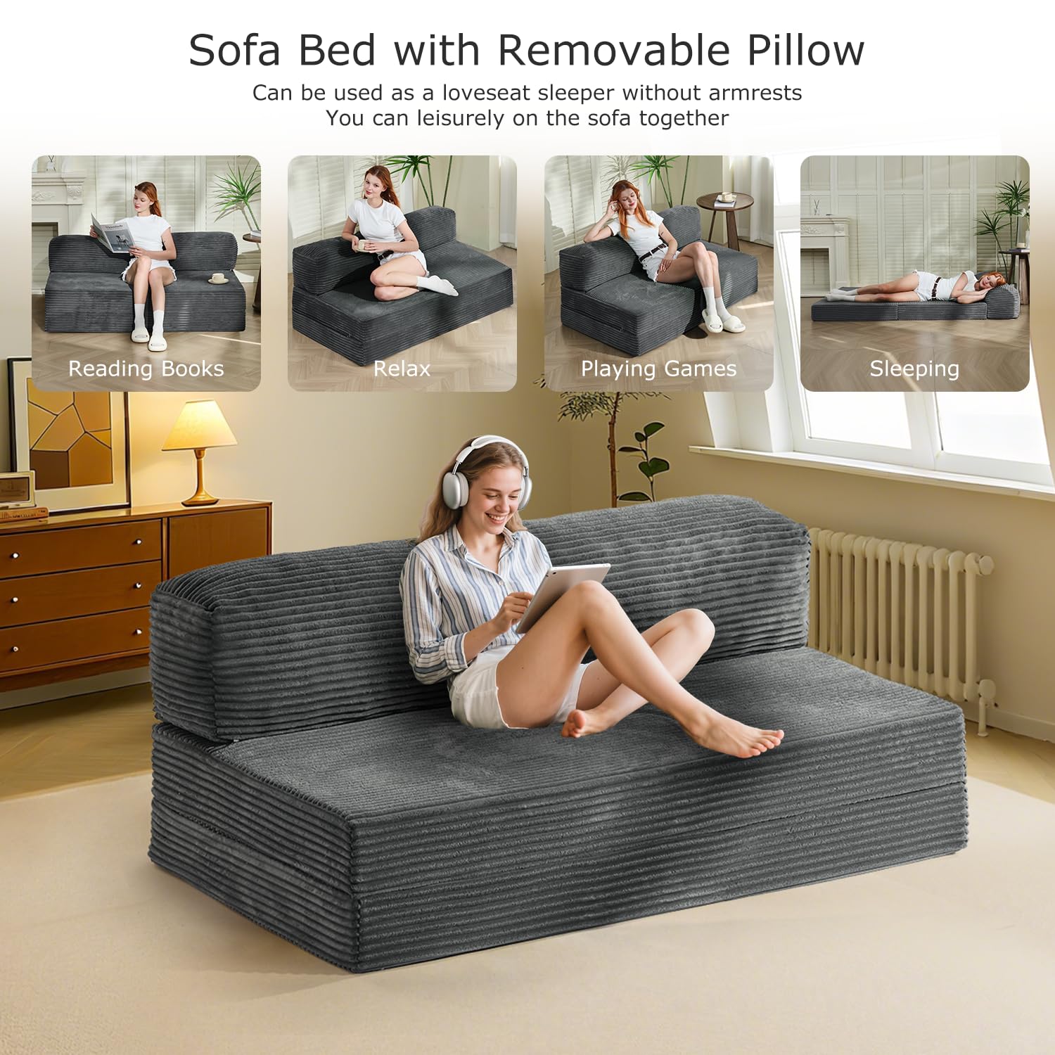 Folding Futon Sofa Bed Full Size, 6 inch Convertible Floor Couch Bed with Removable Corduroy Cover, Pull Out Couch for Small Spaces High-Density Foam,Grey