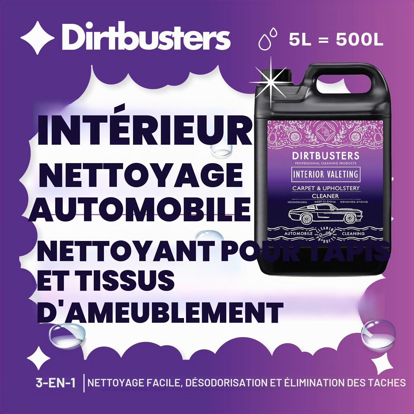 Dirtbusters Solution shampooing nettoyage tapis tissus voiture 5 litre | Habillage intérieur de voiture, Pour machines à tapis moquette