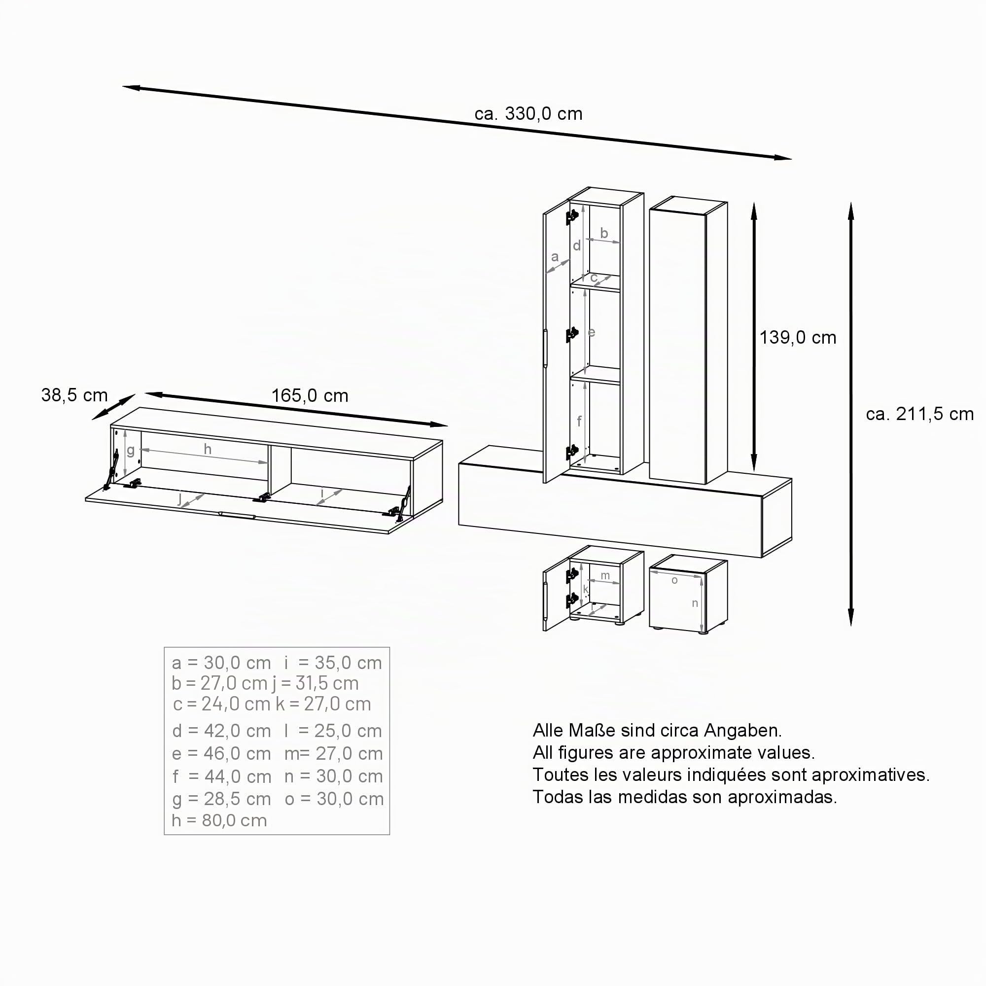 Vladon Wohnwand Moja Made in Germany Weiß matt, Weiß Hochglanz - Moderne Anbauwand für Wohnzimmer (330 x 204 x 39 cm)
