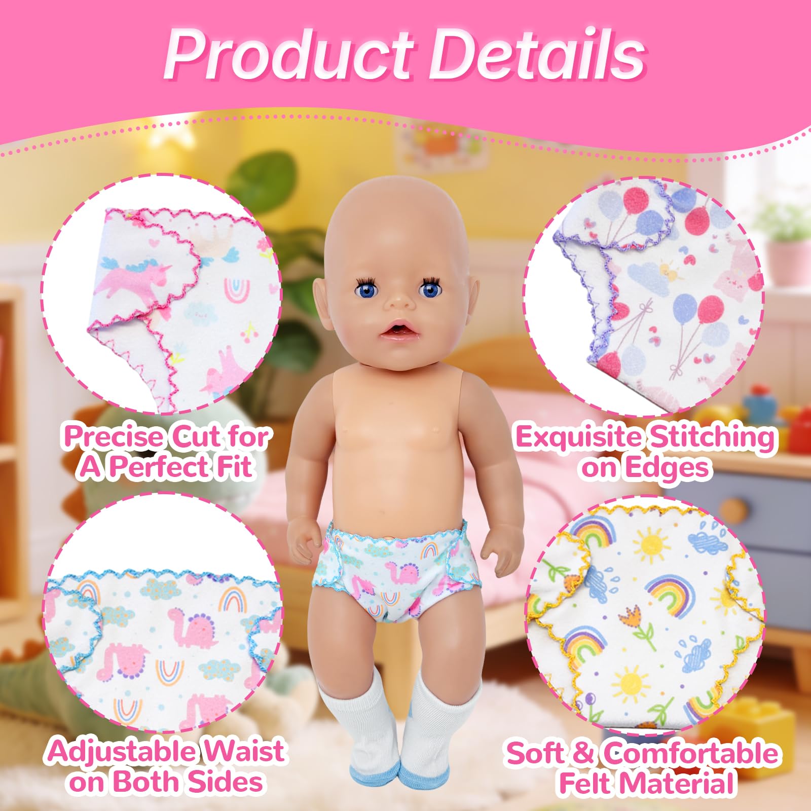 4 PCS Doll Nappies & 4 Doll Socks for 14-18 Inch Baby Doll, Baby Doll Accessories for 35-45 CM Dolls - Image 3
