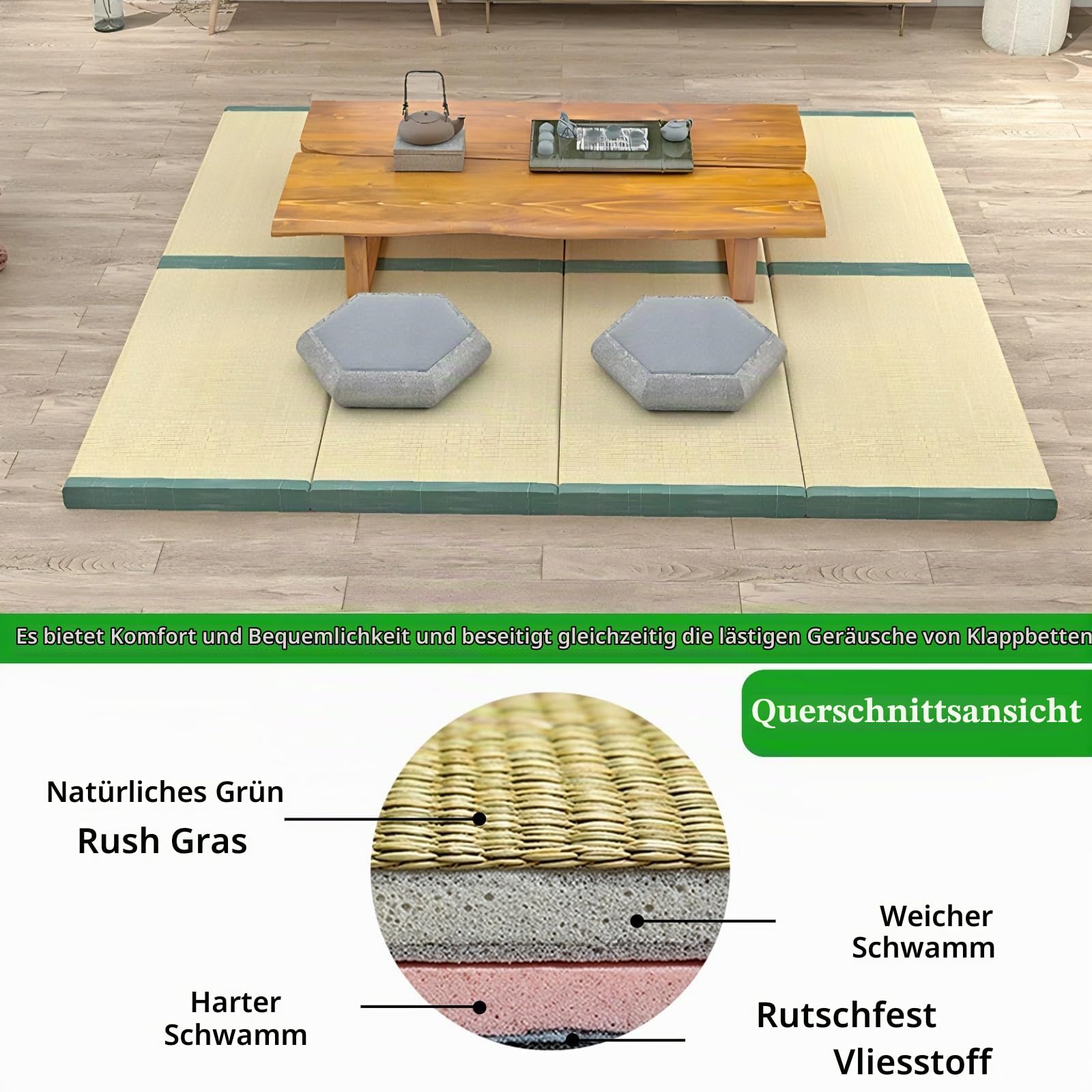Japanische Tatami Matte 90x200 cm, Faltbare Igusa-Matratze, Dickere 3,5 cm, Bodenmatte für Schlafen, Area Teppich, Meditation, Yoga, Zen, Futon Boden, Grün