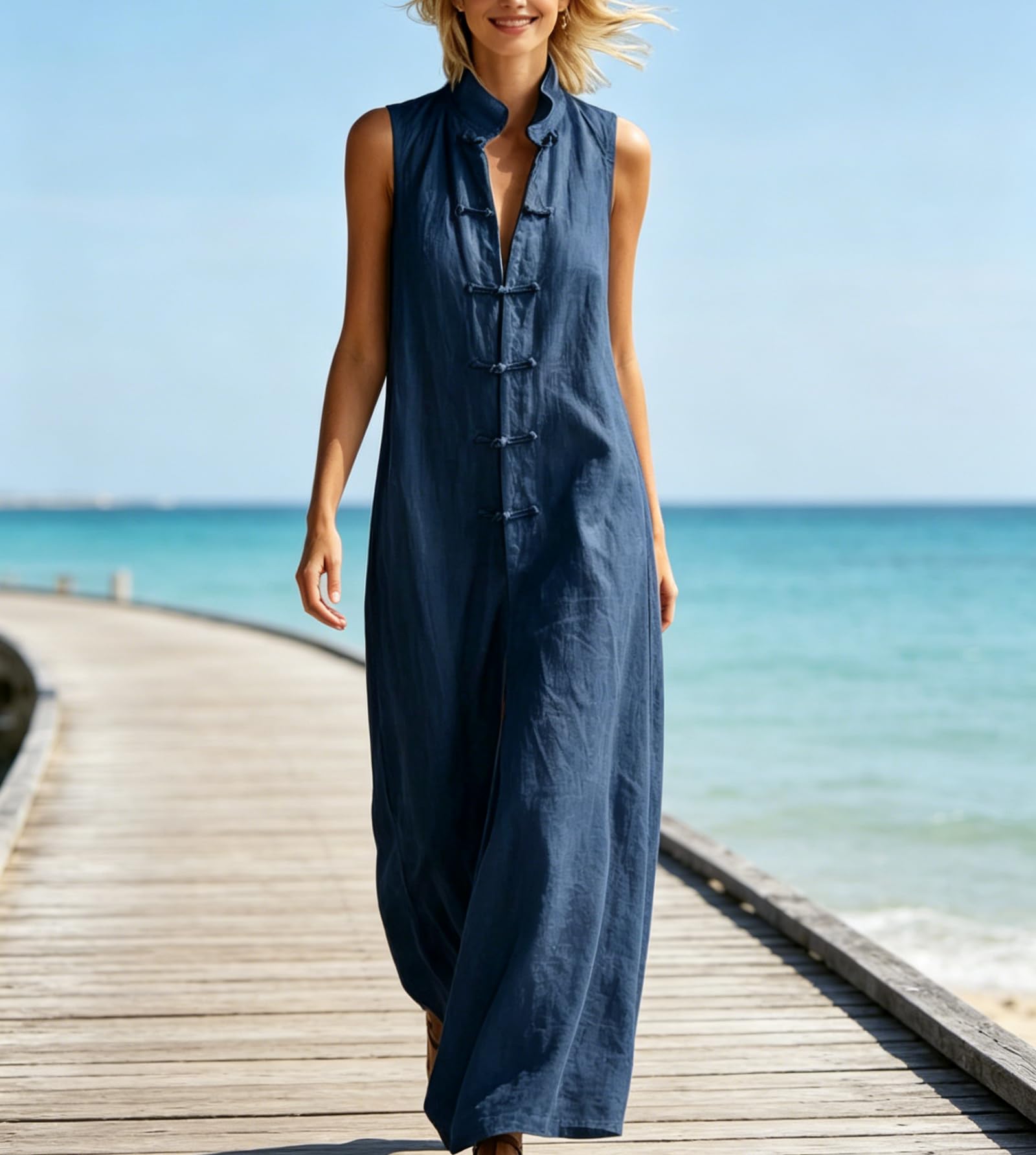 Generico Abito Lungo Estivo da Donna in Stile Boho: Modello Svasato (Linea ad A) e Ampio, con Collo alla Coreana, Senza Maniche e Chiusura Frontale a Bottoni