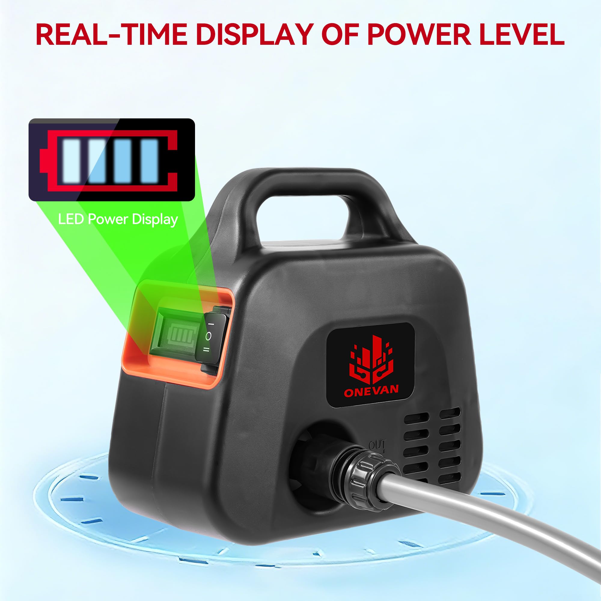 ONEVAN Pompa dell'acqua a batteria, 600 l/h, pompa da giardino elettrica con indicatore di potenza, 2 batterie da 2000 mAh, regolazione a 2 marce, pompa dell'acqua con ugello 7 in 1, tubo, filtro