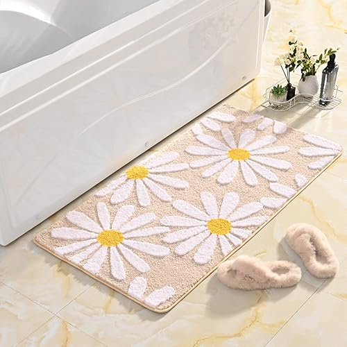 Miniatura 2 de QJHOMO Alfombra de baño beige con diseño de margaritas, decoración de flores blancas y amarillas, alfombra antideslizante de microfibra, súper