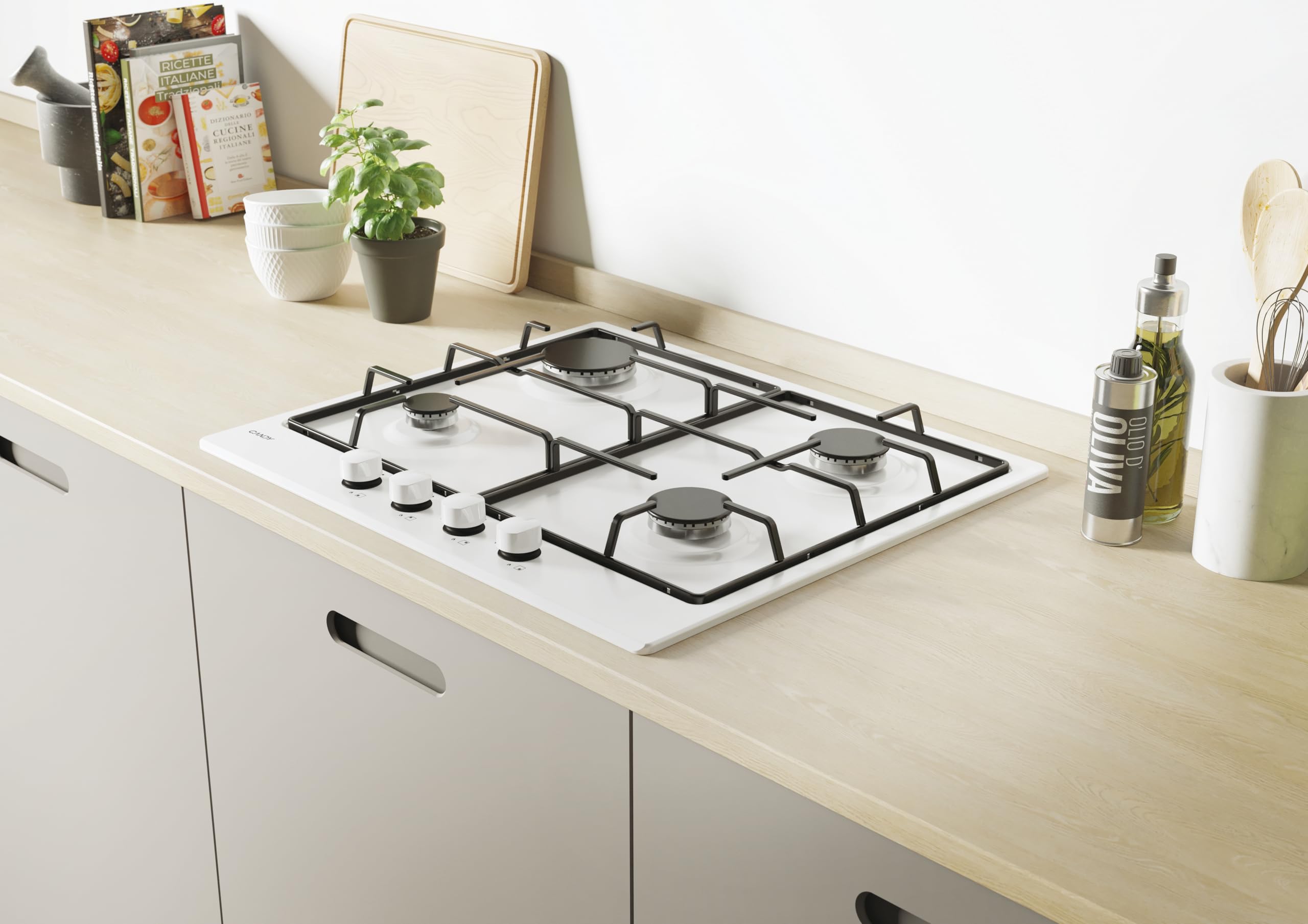 Candy Idea Piano Cottura a Gas 4 Fuochi, Acciaio Inossidabile, Griglie Smaltate Lavabili in Lavastoviglie, 59,5 x 51 x 1 cm, Bianco - CHW6BRWW