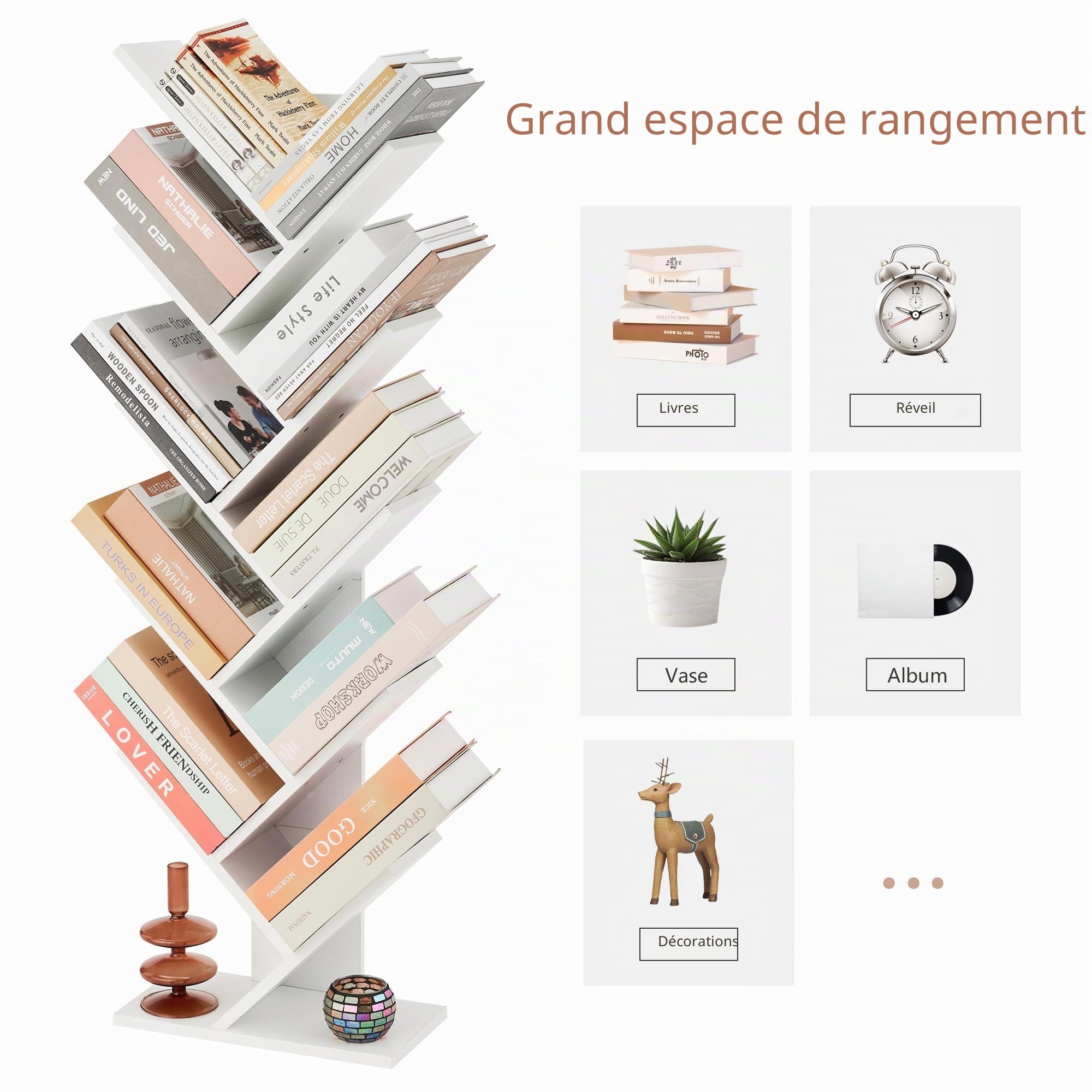 Hoctieon Bibliothèque Arbre à 10 étages, 10 étagères, bibliothèque Arbre indépendante, étagère d'exposition pour Livres, étagères de Rangement pour Livres pour Bureau à Domicile, Salon, Blanche