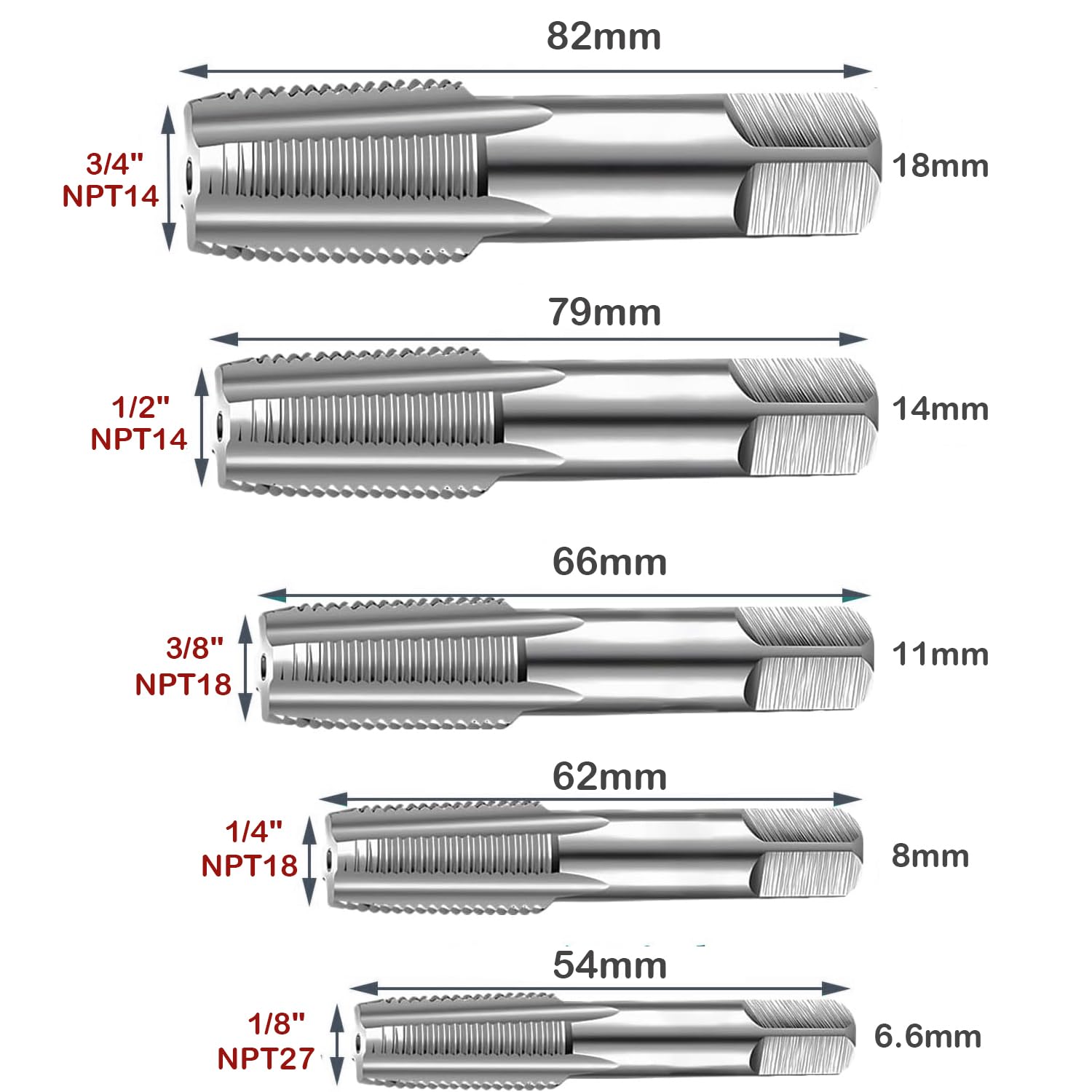 Kit de 5 Tarauds NPT en Acier Haute Vitesse, Tailles 1/8" à 3/4", pour Filetage Tuyaux Plomberie et Auto
