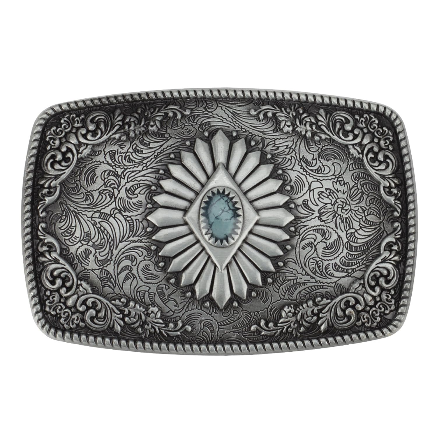 Western Denim Oval Belt Buckle with Silver Smooth Buckle, Gem pattern alloy vintage turquoise belt buckle for men women