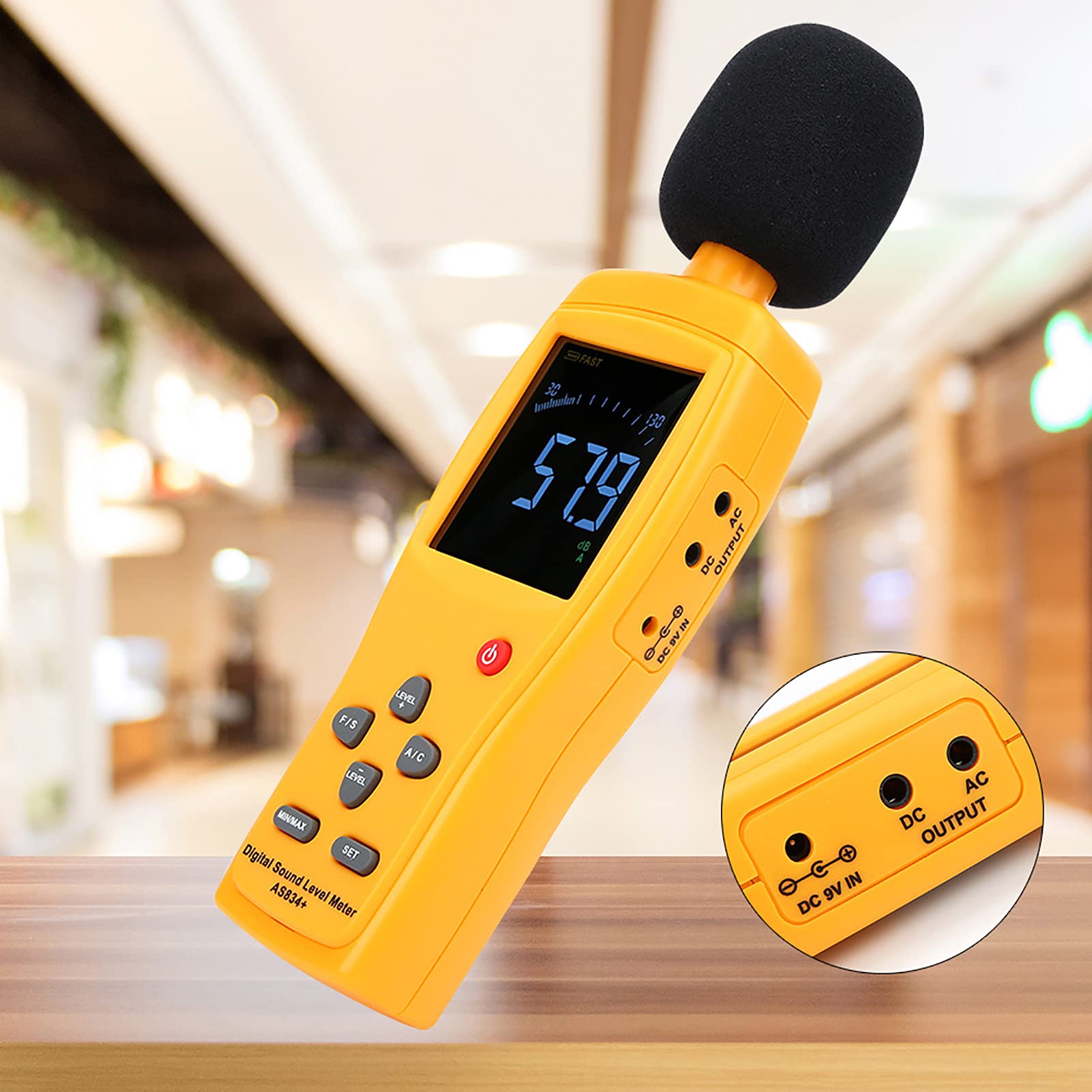 AS834+ Noise Meter, High Accuracy Decibel Detector, Large LCD Display, 90130dB Alarm Level for Home, Industry, Garage