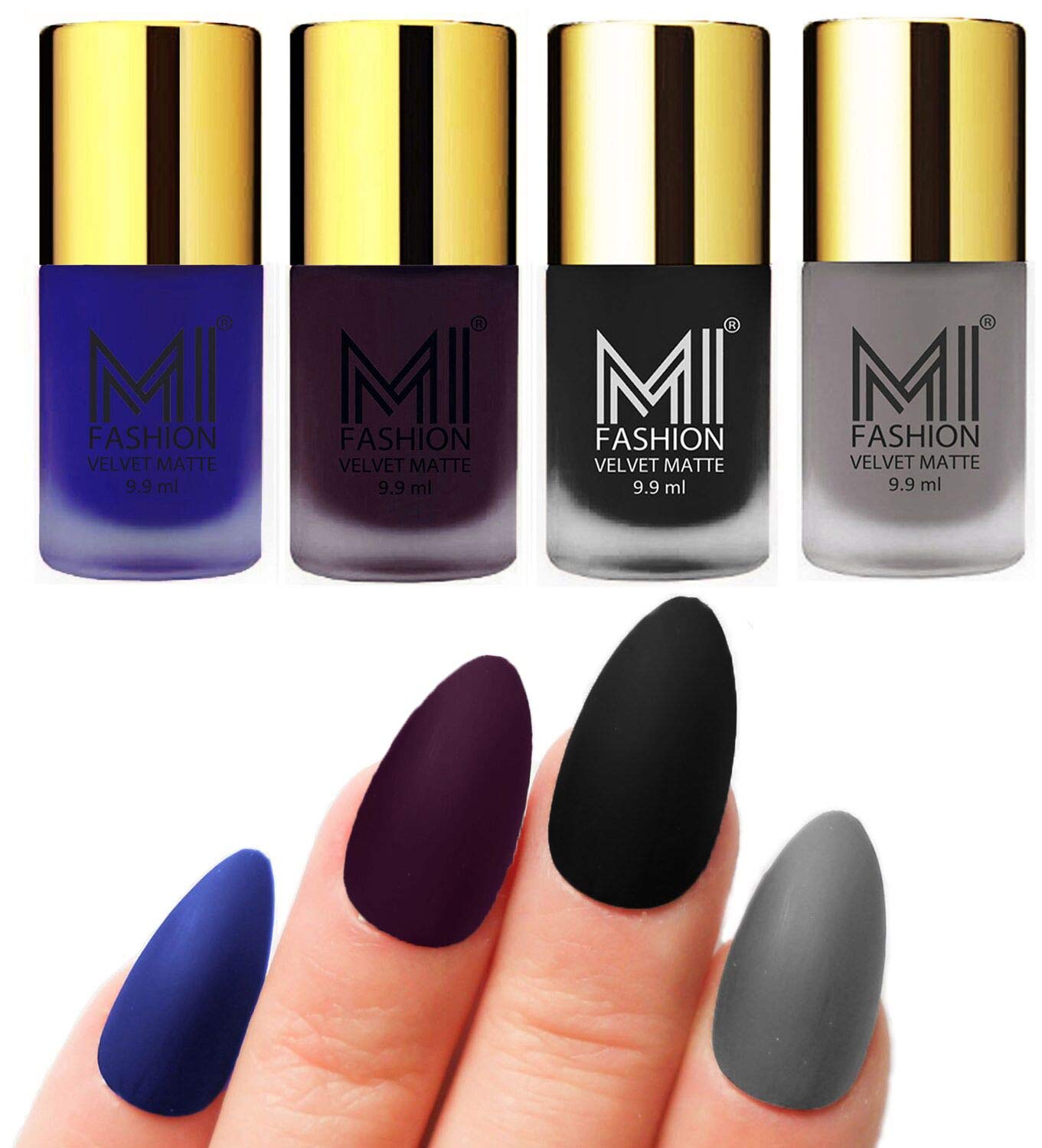 MI FASHION Velvet Matte Nail Paint Combo Sets Non-Stop, Rain Or Waterproof 9.9ml Royal Blue, Dark Purple, Black, Grey (Pack Of-4)