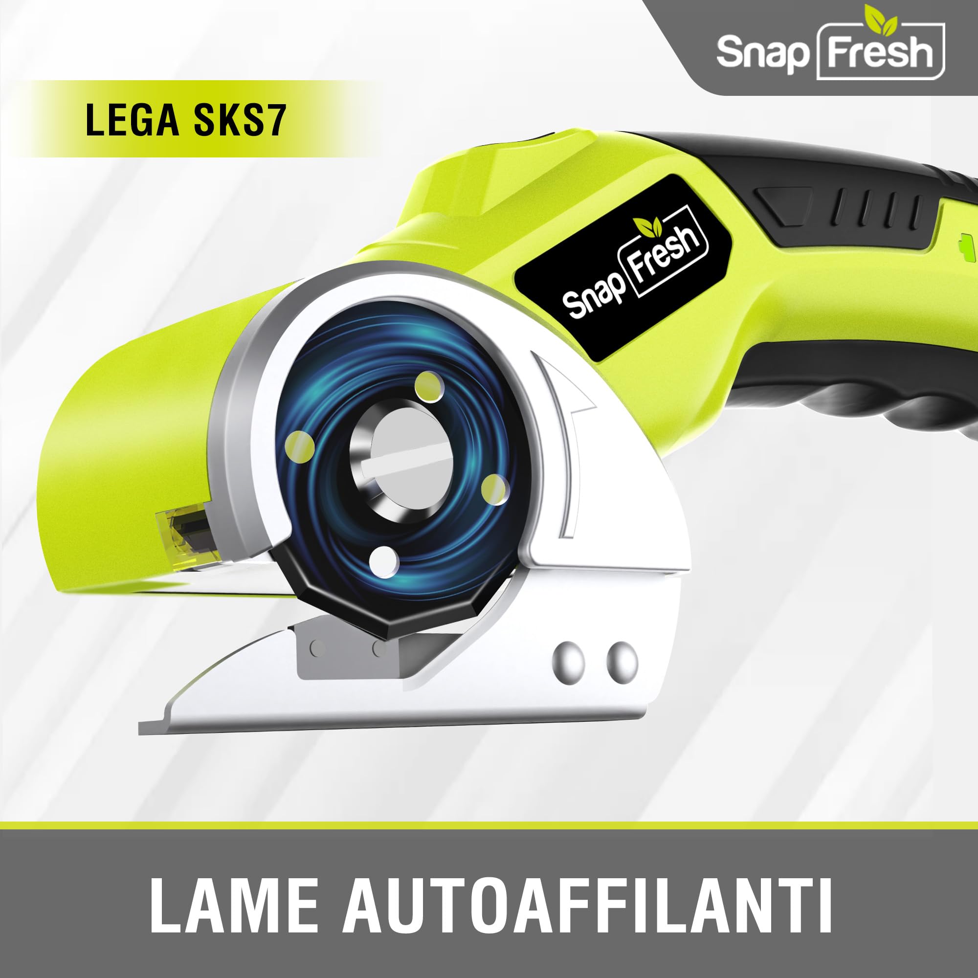 SnapFresh Taglierina per Cartone Forbici Elettriche a Batteria – Taglierina Rotativa Senza Fili con 2 Lame Autoaffilanti SKS7, Luce LED e Sacchetto di Conservazione, per Cartone, Carta, Moquette, Pell