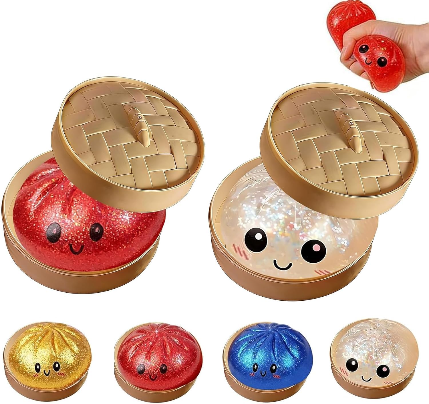 2PCS Glitter Dumpling Squishy Toys with Steamer Basket, Giant Mystery Dumpling Squishy 10cm Jumbo Slow Rising Stress Relief Sensory Fidget Toy, Soft Squeeze Decompression Toy for Kids Adults