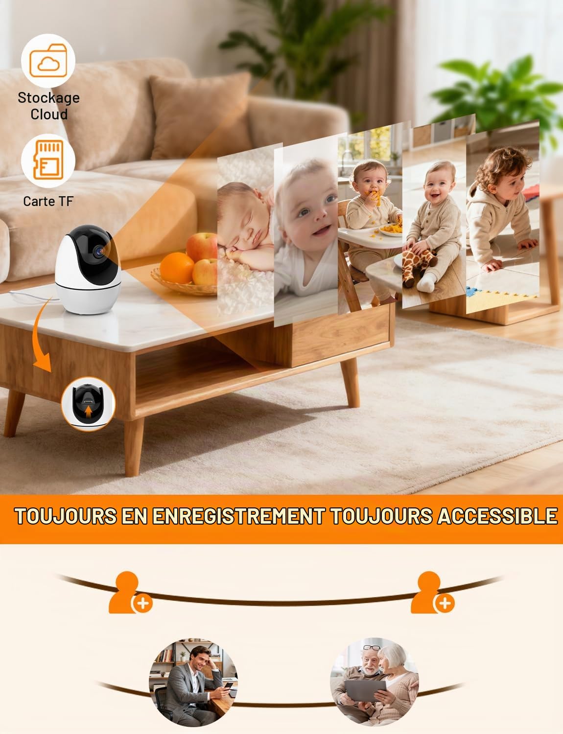 BURNNOVE Babyphone Camera WiFi 5" Camera Bebe 720P Babyphone Connecté Application Telephone Surveillance des Mouvements Suivi Automatique Vision Nocturne 360° Caméra avec Veilleuse Zoom 4X Carte TF