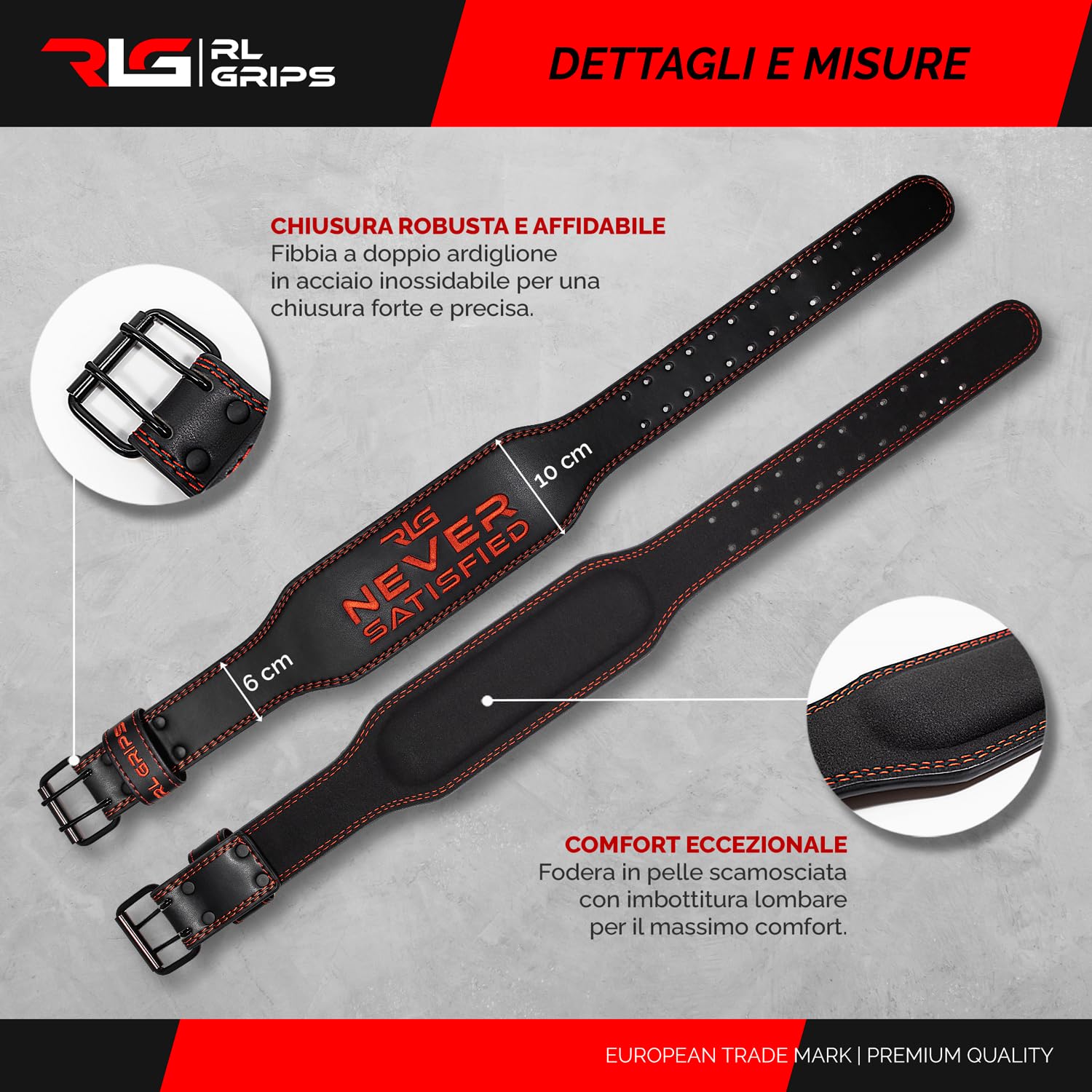 RL Grips - Cintura da Palestra in Pelle per Sollevamento Pesi - Supporto Lombare Bodybuilding Uomo Donna - Cintura Powerlifting Sollevamento Fitness