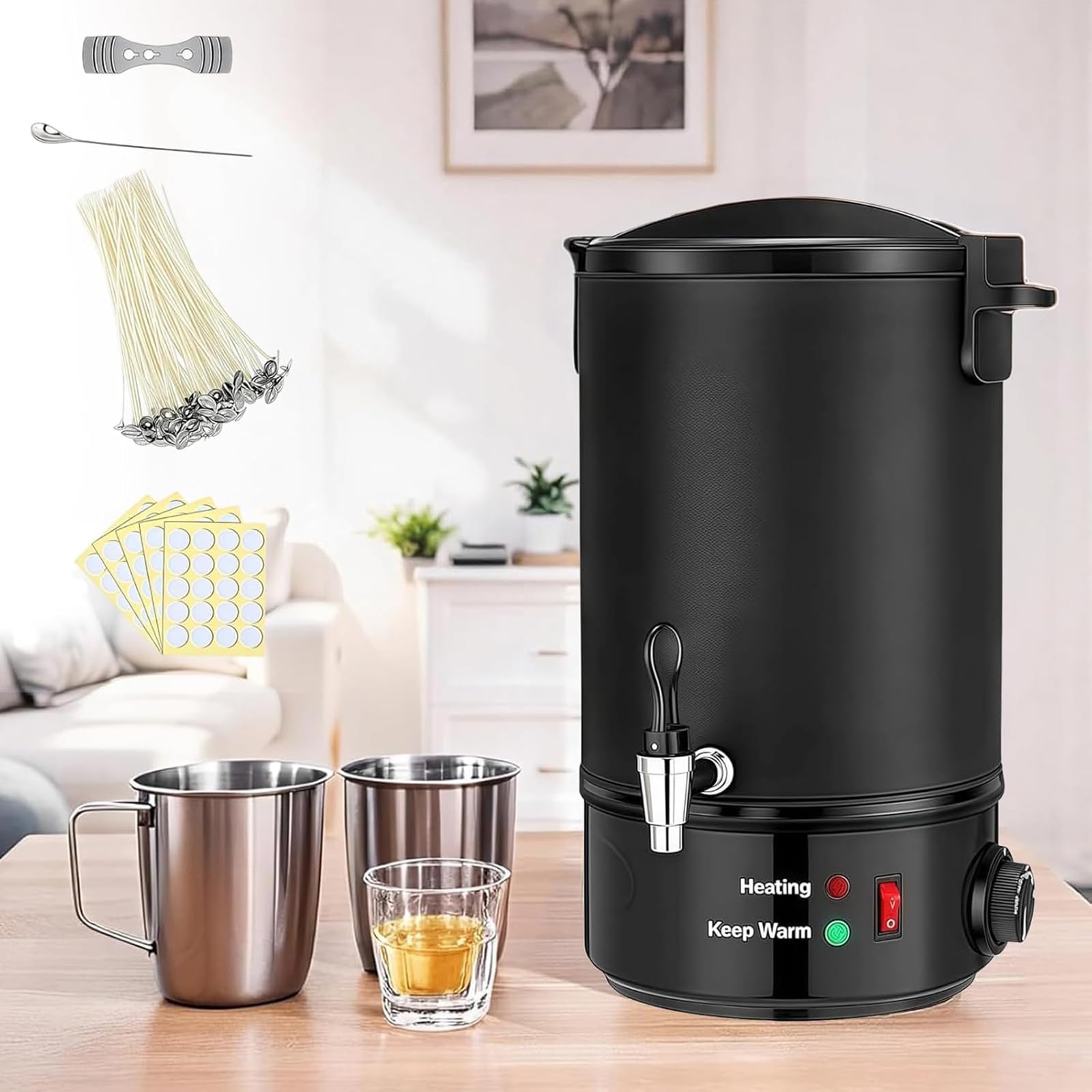 Olla eléctrica para derretir cera con control de temperatura ajustable, protección contra quemaduras en seco, olla interior de acero inoxidable para hacer velas en casa o uso comercial pequeño