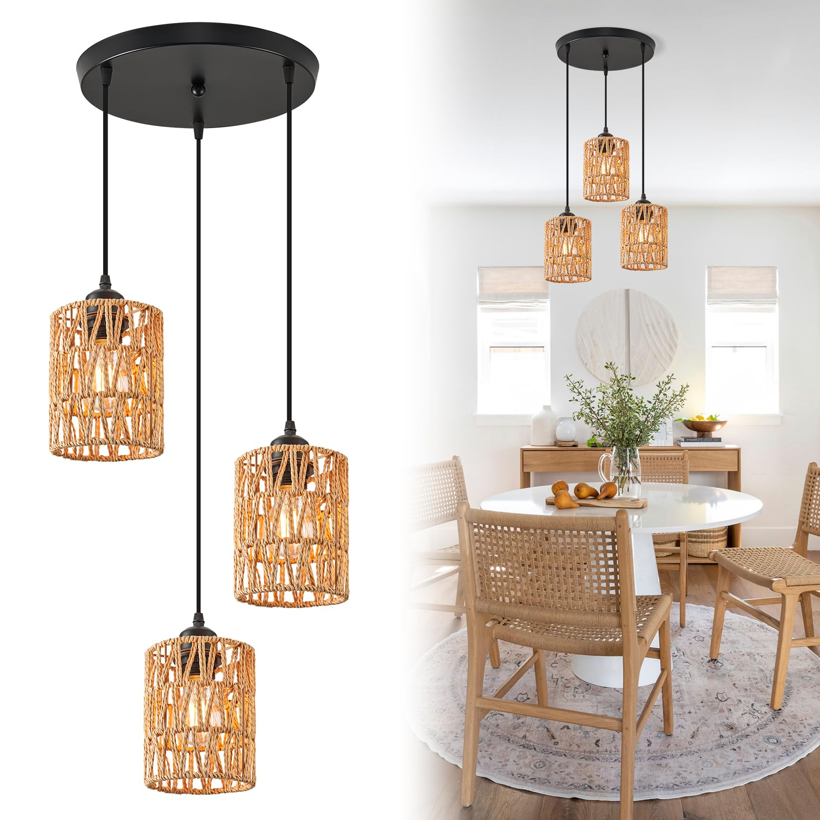 KSIBNW Lámpara Colgante de Ratán 3 Piezas, Negra Lamparas de Techo con Base E27 Retro Iluminación de Techo Vintage Boho Cable Orientable para Comedor, Dormitorio, Café, No Incluye Bombilla