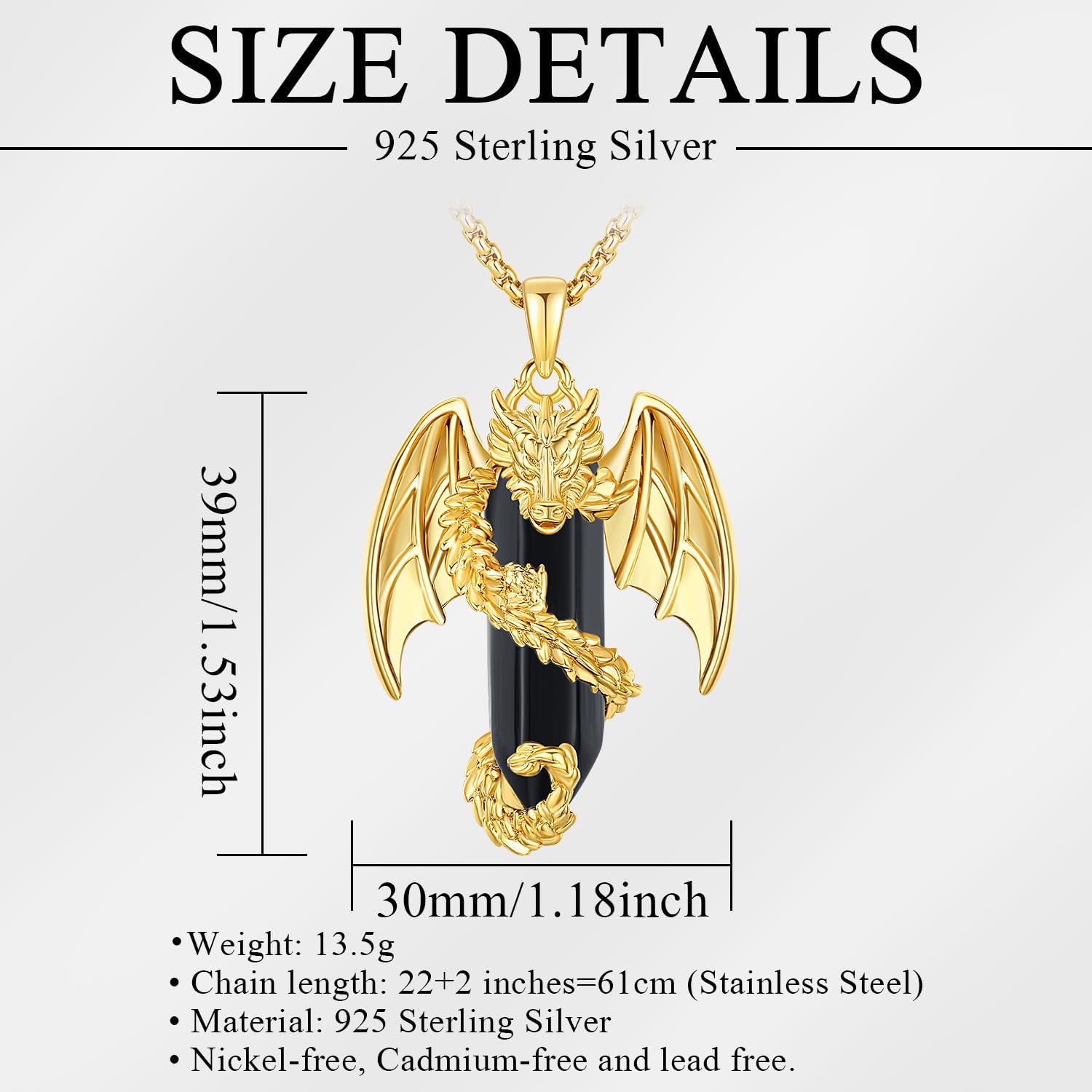 Dragon Necklace with Healing Crystal Stone, Unique Dragon Pendant Obsidian/Malachite/Turquoise/Obsidian/Amethyst Spiritual Jewelry Gifts for Men Women, 24 Inch Chain