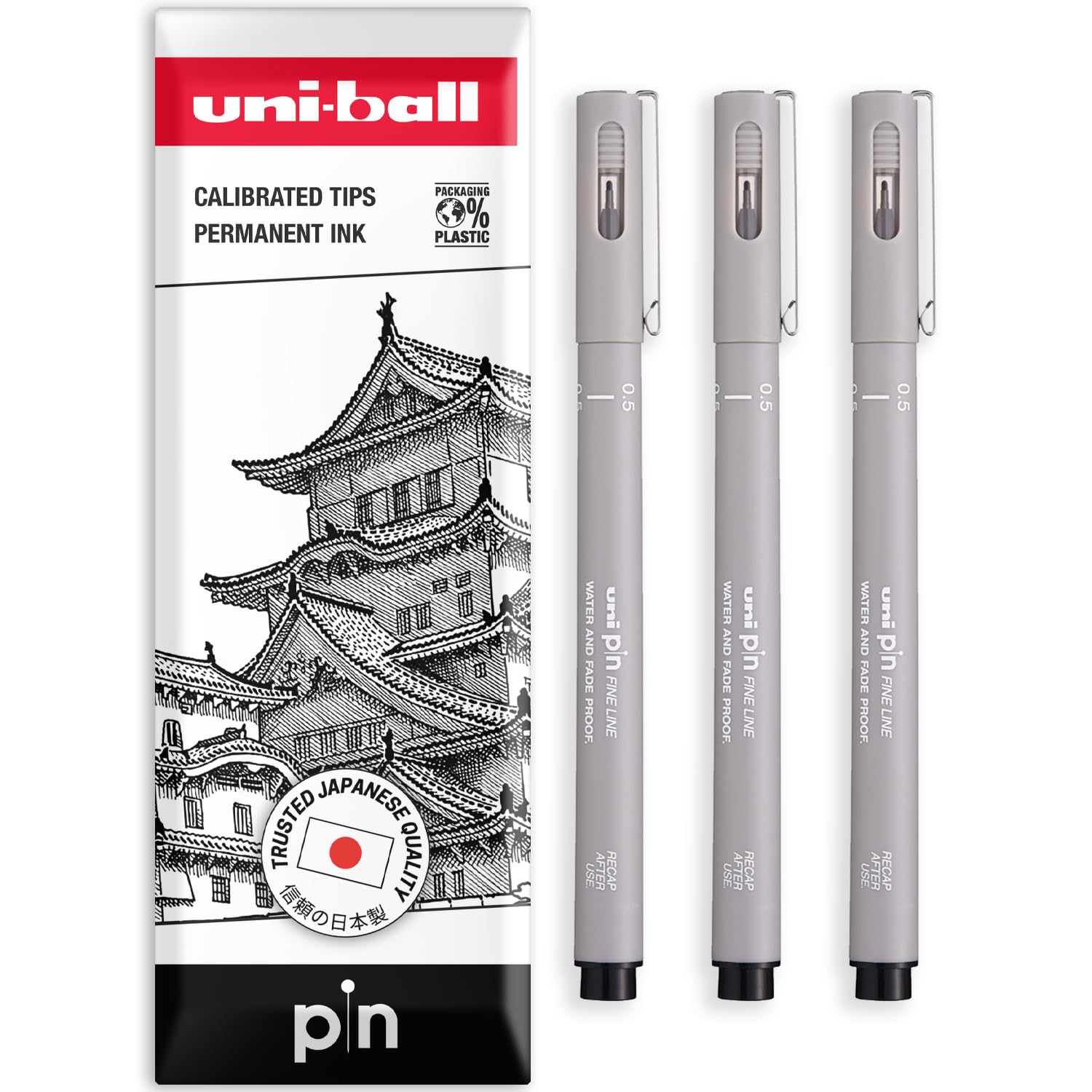 uni-ball PIN Fineliners | Fine Tipped Writing Pens | Water & Fade Resistant Ink | Ideal for Sketching, Scrapbooking, Outlining, Art, Technical Drawing | In Envelope Gift Pack (Light Grey - 0.5mm, 3)