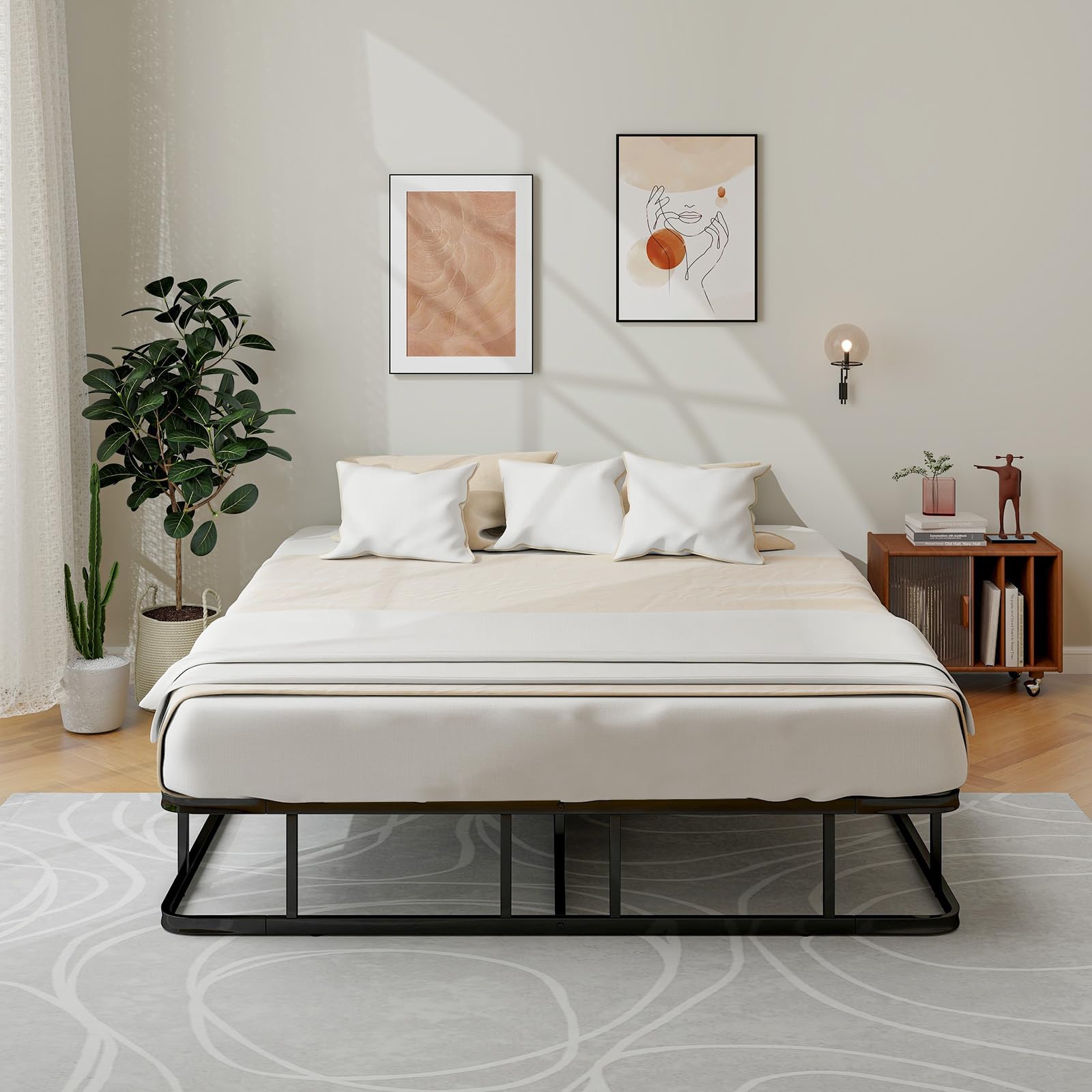 COSTWAY Bettgestell aus Metall, Metall-Bettrahmen, Plattform-Bettgestell mit Metallleistenunterstützung, Schlafzimmerbett Keine Boxspring erforderlich, Schwarz 200 x 140 x 26 cm
