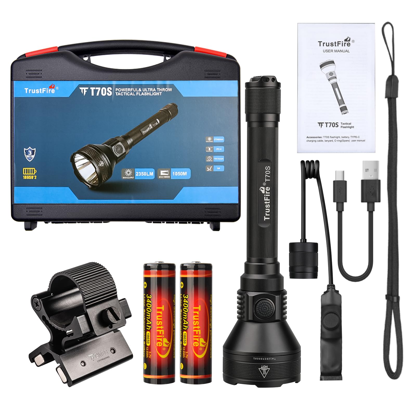 TrustFire T70S - Linterna LED potente profesional, linterna de caza 2350 lúmenes, táctica militar, linterna eléctrica, recargable por USB, linternas de alta potencia, para caza, rescate, emergencia