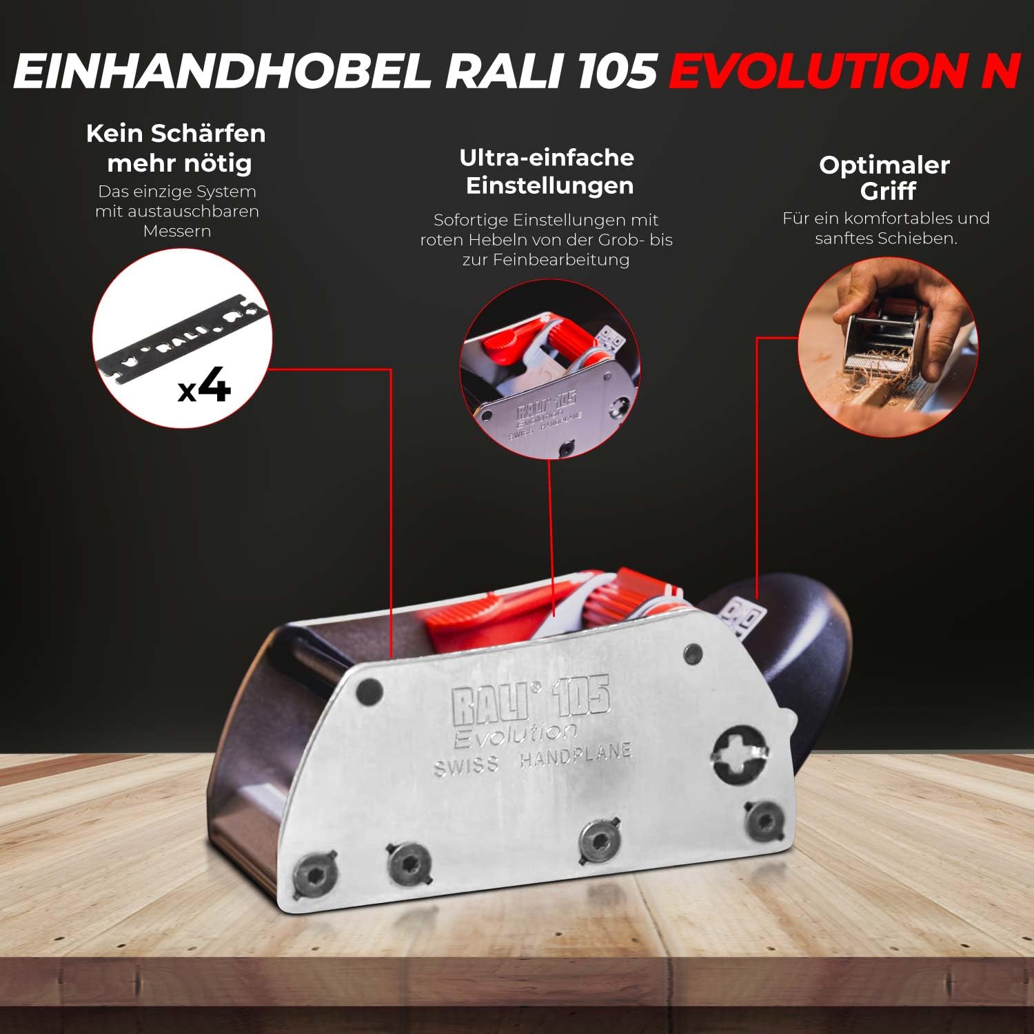 RALI 105 EVOLUTION N: Profi Einhandhobel l ohne Nachschärfen mit 4 Wendemessern | Einfache Einstellung von Schnitttiefe und Spanbrecher | Schweizer Handhobel für Schreiner und Tischler