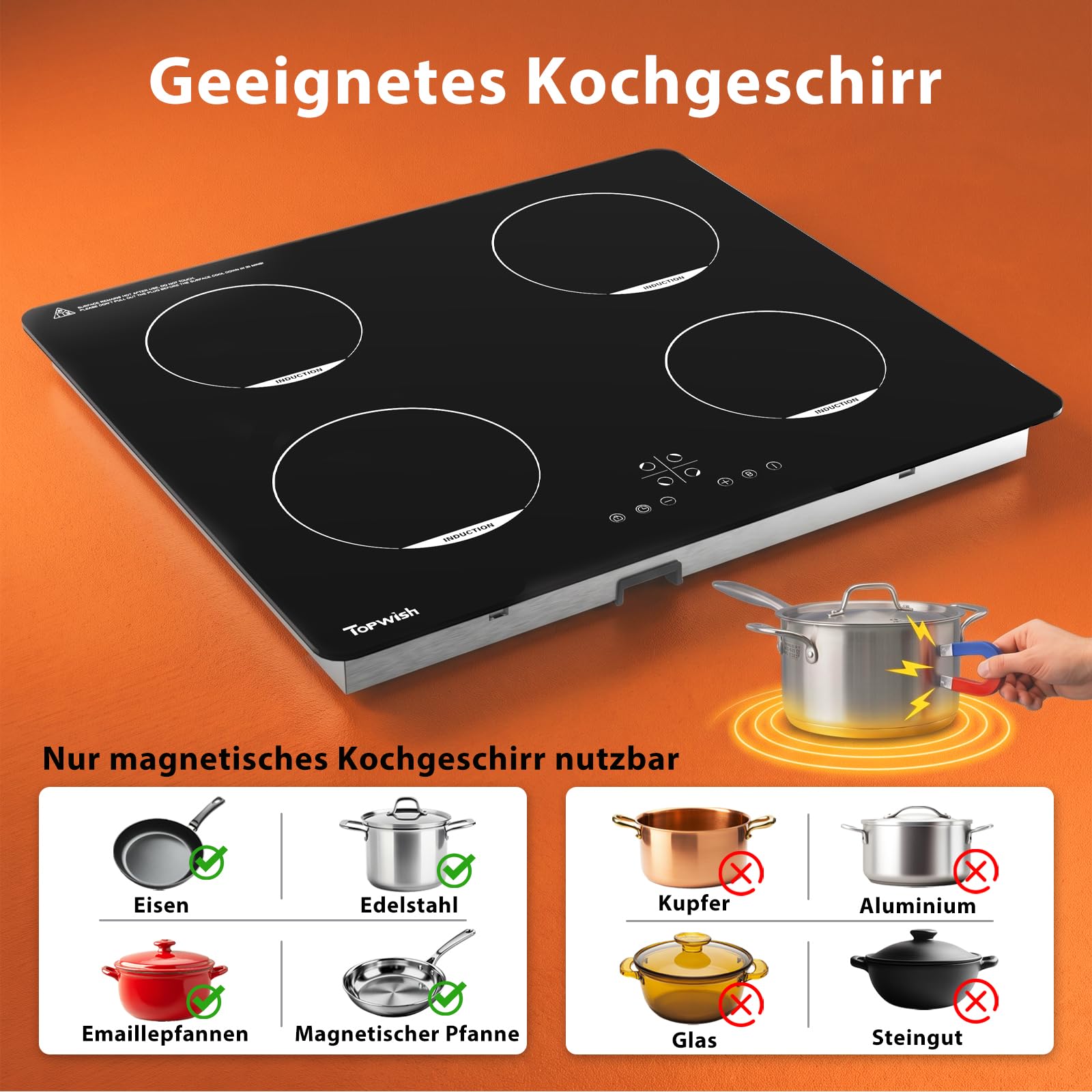 Topwish Induktionskochfeld, Induktionskochfeld 4 platten | Herdplatte 4 kochfelder, Kochfeld induktion mit Kindersicherung, Boost, Touchsteuerung, Restwärmeanzeige, 7200W