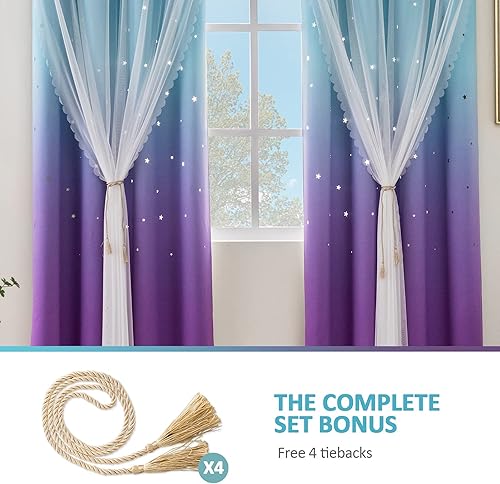 Miniatura 4 de Stiio Cortinas opacas con corte de estrella para dormitorio de niñas, 2 paneles, cortinas opacas 2 en 1 con bloqueo de luz con ojales transparentes