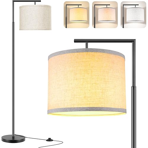 Floor Lamp for Living Room with 3-Color Temperature 9W LED Bulb, Modern Standing Lamp with Linen Beige Shade & Foot Switch, Tall Pole Lamp for Bedroom, Study Room, Office, Kids Room (Black)