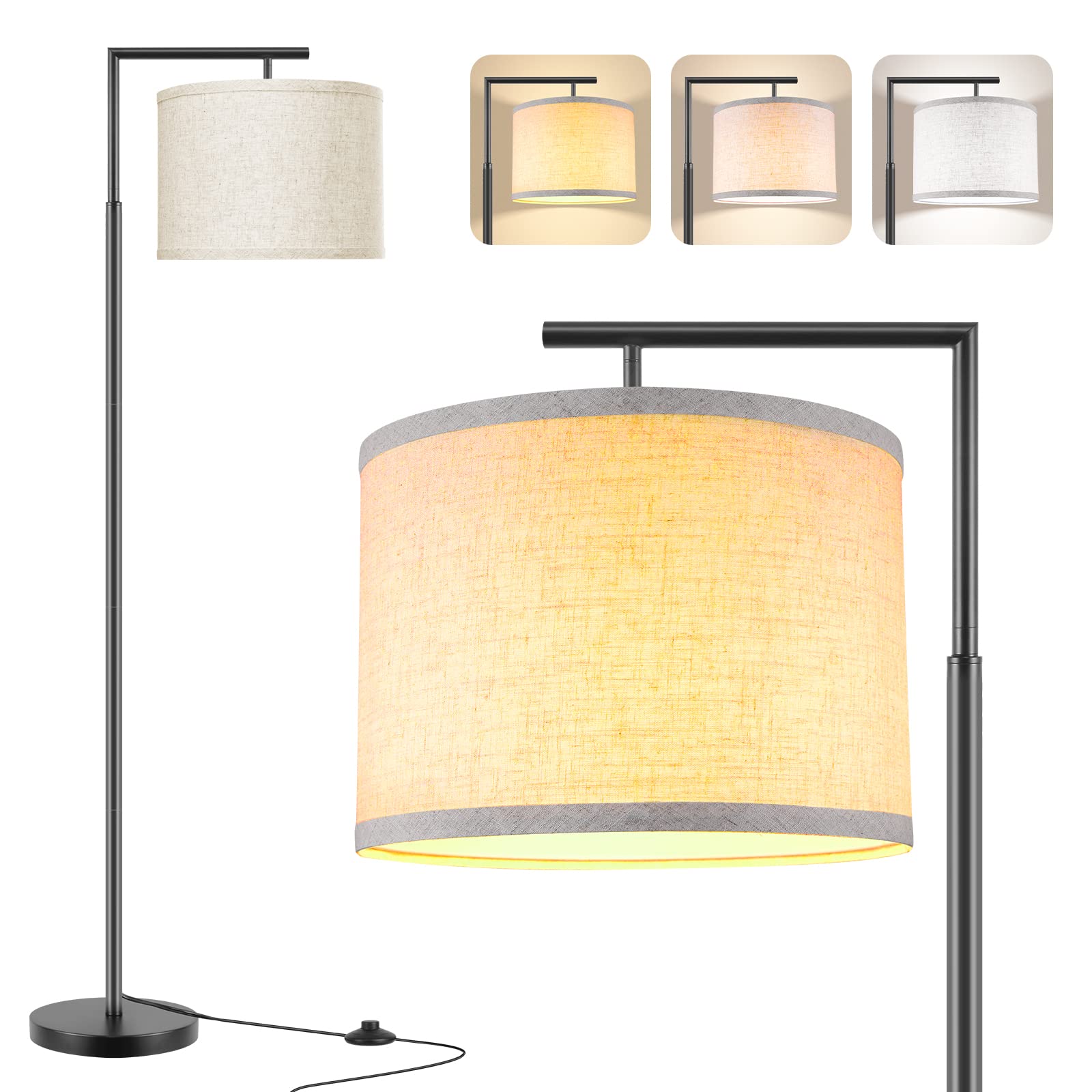 ROTTOGOON Floor Lamp for Living Room with 3-Color Temperature 9W LED Bulb, Modern Standing Lamp with Linen Beige Shade & Foot Switch, Tall Pole Lamp for Bedroom, Study Room, Office, Kids Room (Black)