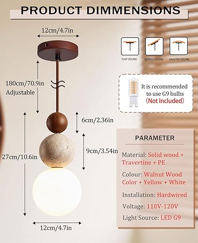 Miniatura 4 de Lámpara colgante de travertino amarillo natural, 10.6 pulgadas de alto, moderna lámpara colgante Wabi Sabi con 3 esferas de materiales diferentes,