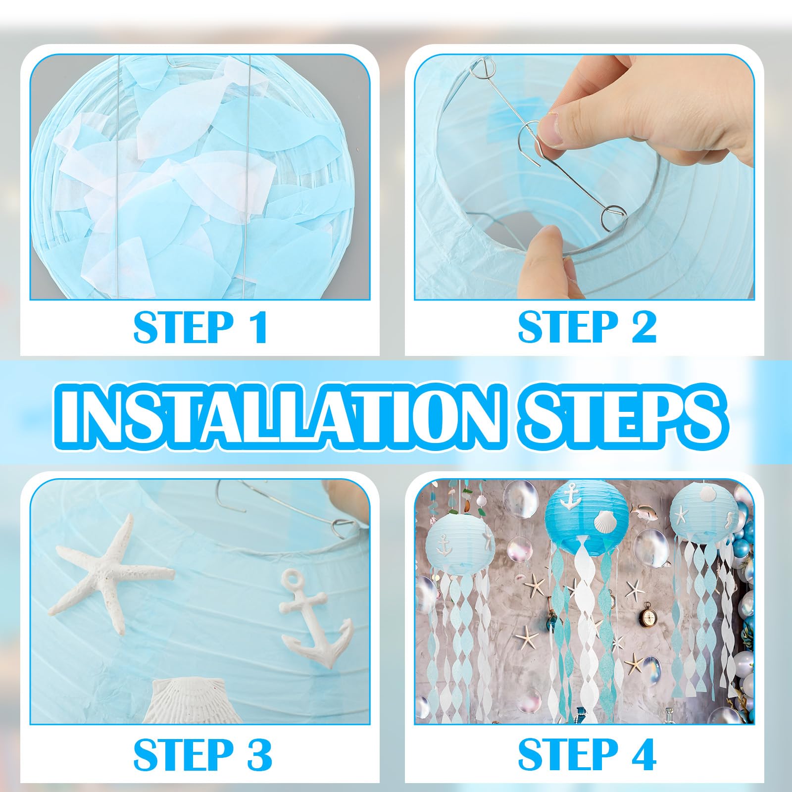 VioraWhite 21 piezas de decoración de fiesta de cumpleaños de playa oceánica, 6 linternas de papel de medusas colgantes de 9.8 pulgadas, 12 conchas de resina, 2 guirnaldas de burbujas para decoración