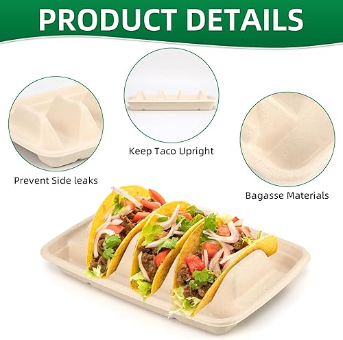 Miniatura 5 de Soportes desechables para tacos para fiesta, platos de fibra de pulpa de bagazo con 3 divisores para reunión, bandeja de fiesta, reciclable para