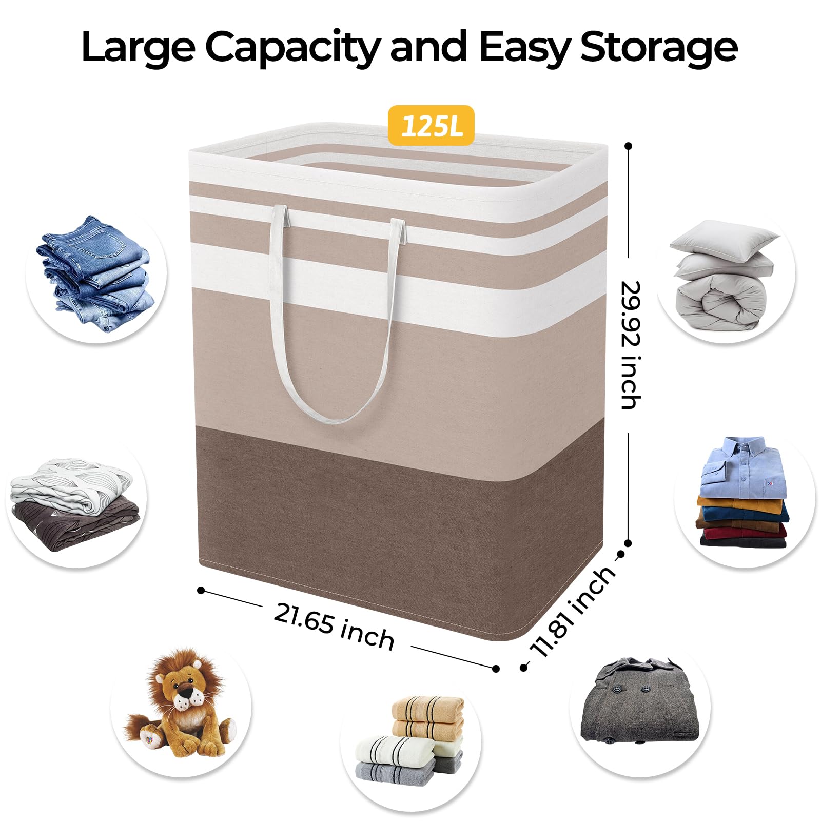 HomeHacks Confezione da 2 cesti portabiancheria grandi, impermeabili, autoportanti, pieghevoli, con manici estesi, per vestiti, giocattoli, dormitorio e famiglia (marrone, 125 L)