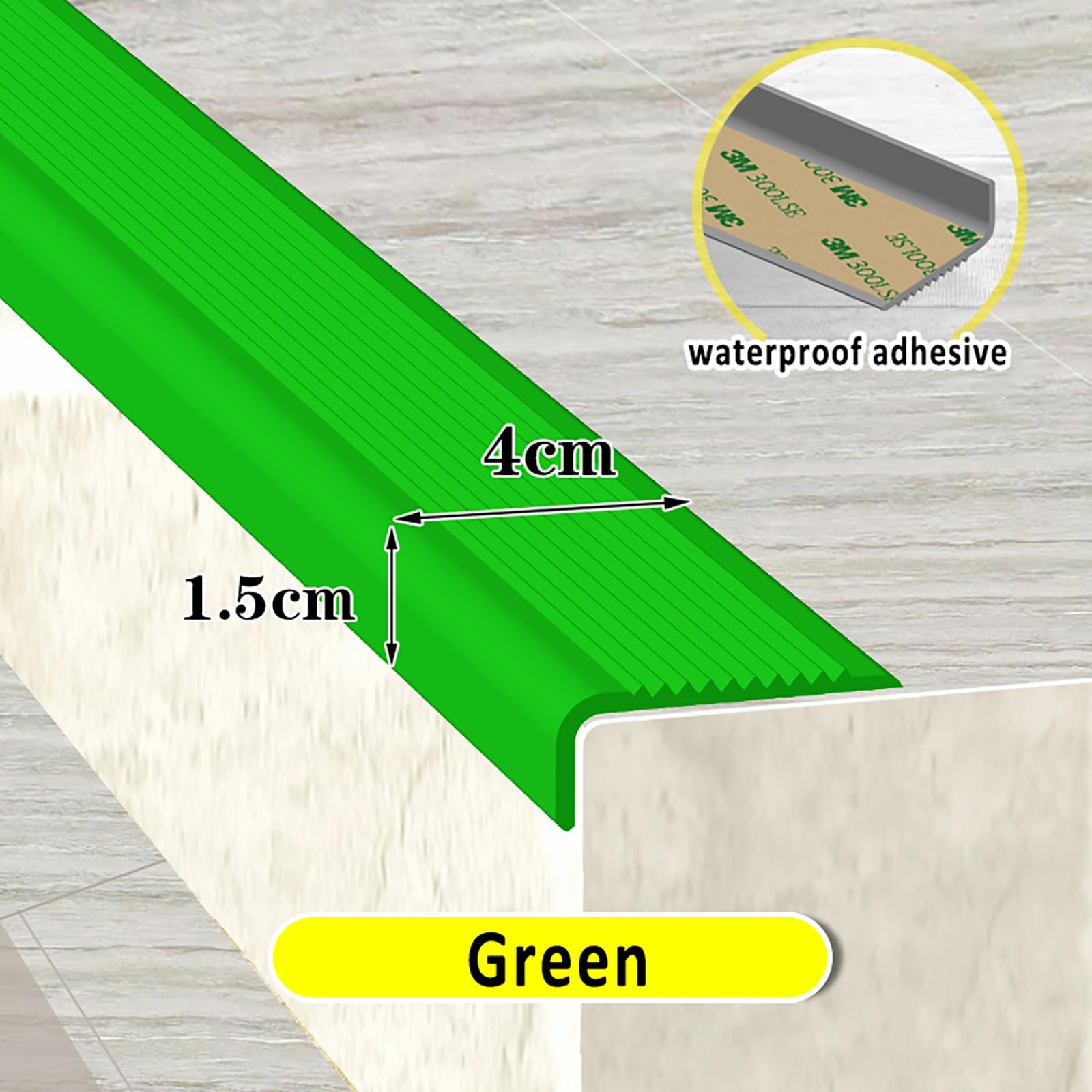 Bordo antiscivolo per gradini, facile da installare, in gomma, per interni ed esterni, verde, 1,5 x 4 cm