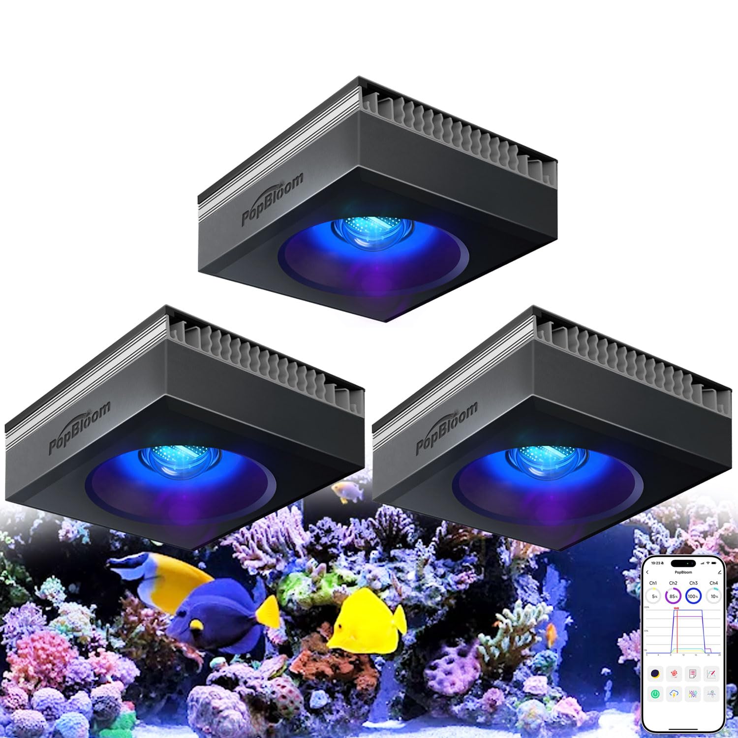 NEU PopBloom RL115 WiFi Meerwasser LED Lampe 360W, Vollspektrum Led Aquarium Beleuchtung für Reef Coral SPS/LPS Fischaquarium, APP unterstützt Deutsch