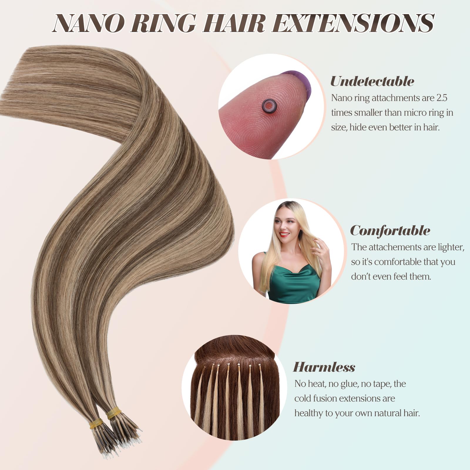 Benehair Nano Ring Hair Extensions Real Human Hair Extensions Nano Straight Remy Invisible 50g/Pack #4/27 Medium Brown Mix Dark Blonde 16 Inches - Image 2