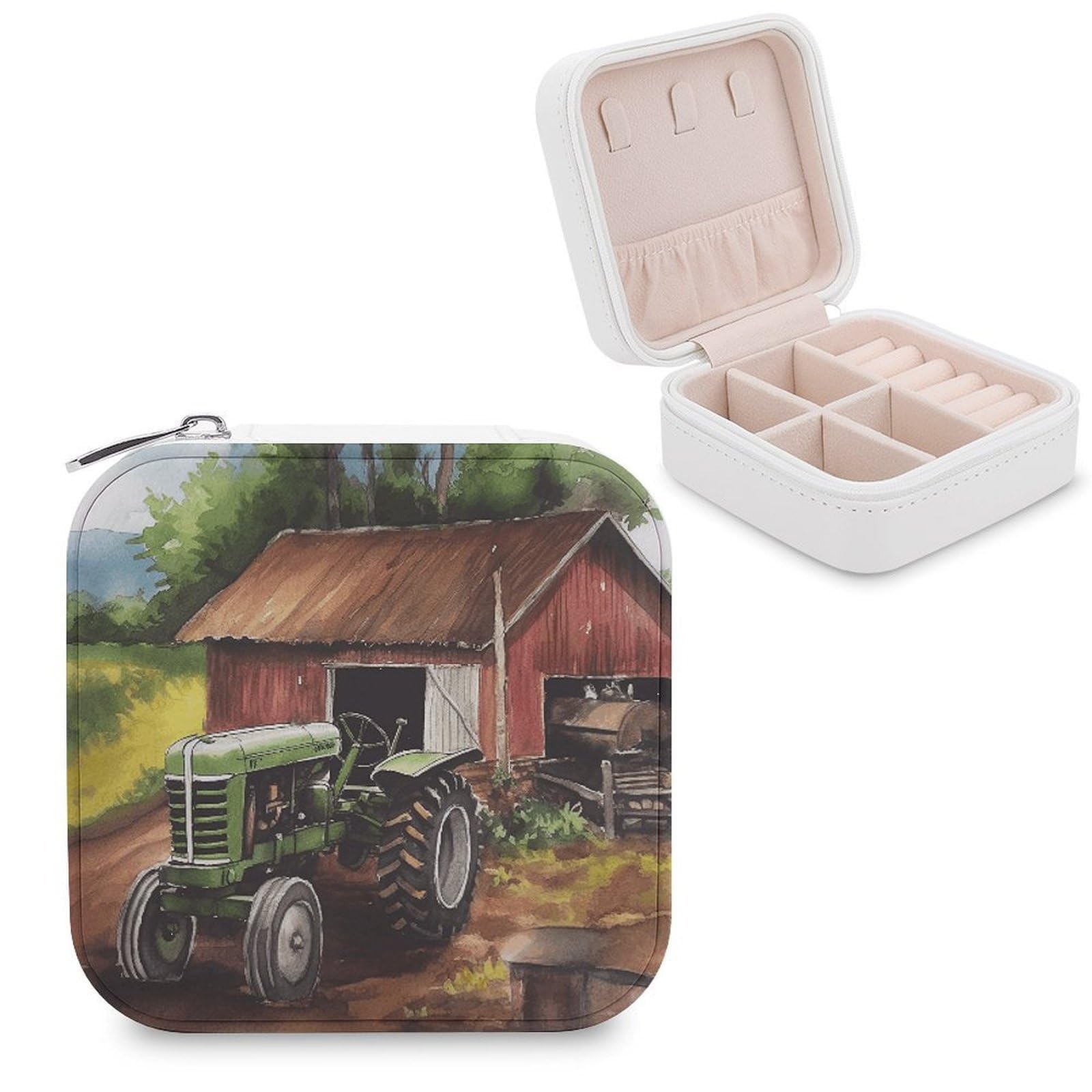 VstaDank Tractor on The Farm Travel Jewelry Case Small Portable Jewellry Organizer Box PU Leather Organizer Boxes Personalized Jewellery Storage Holder Gift for Womens Rings Earrings