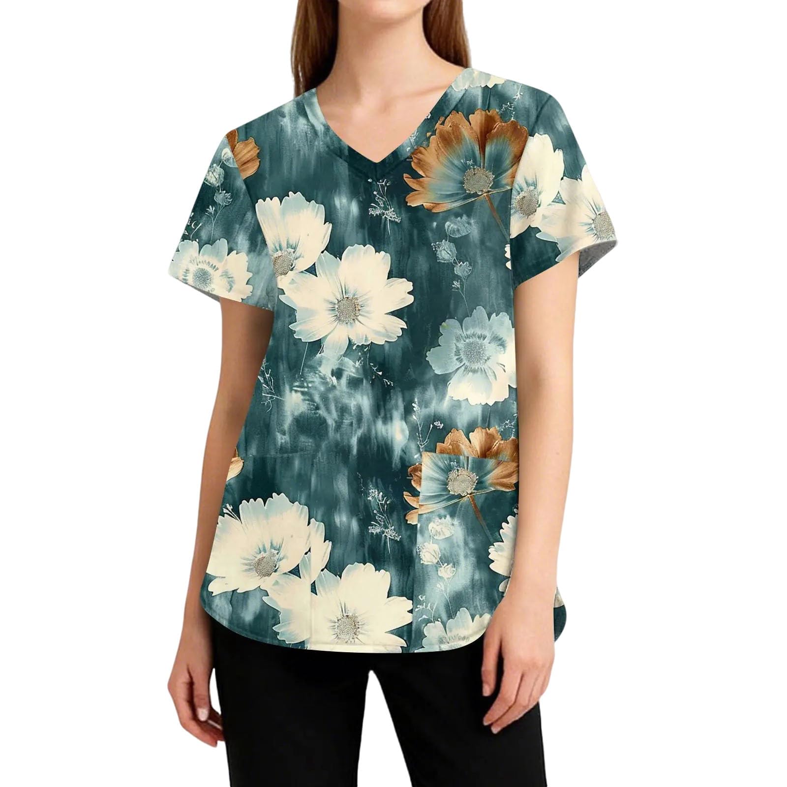 Womens V Neck Printed Scrub Tops Plus Size Medical Nursing Tops Scrubs with Pocket S-5XL