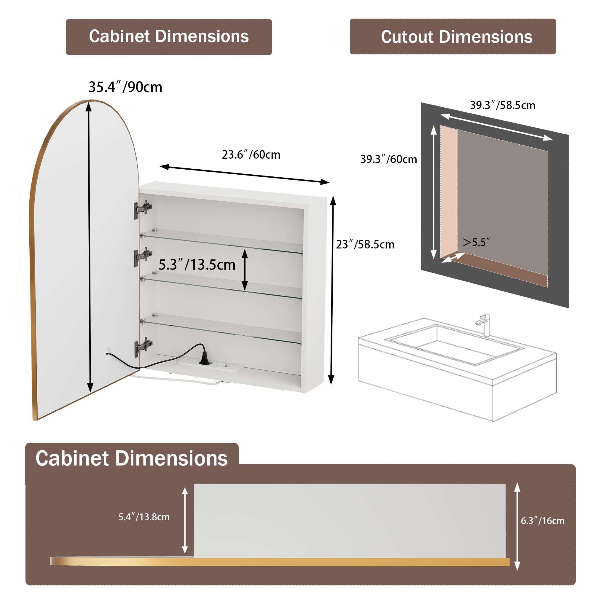 Armoire Salle de Bain avec Miroir Éclairage LED Murale Armoire Miroir avec Prise (2*AC+3*USB) et Fonction Antibuée Arqué Armoire de Toilette avec 3 Étagère 60x90x15 cm Doré et Beige