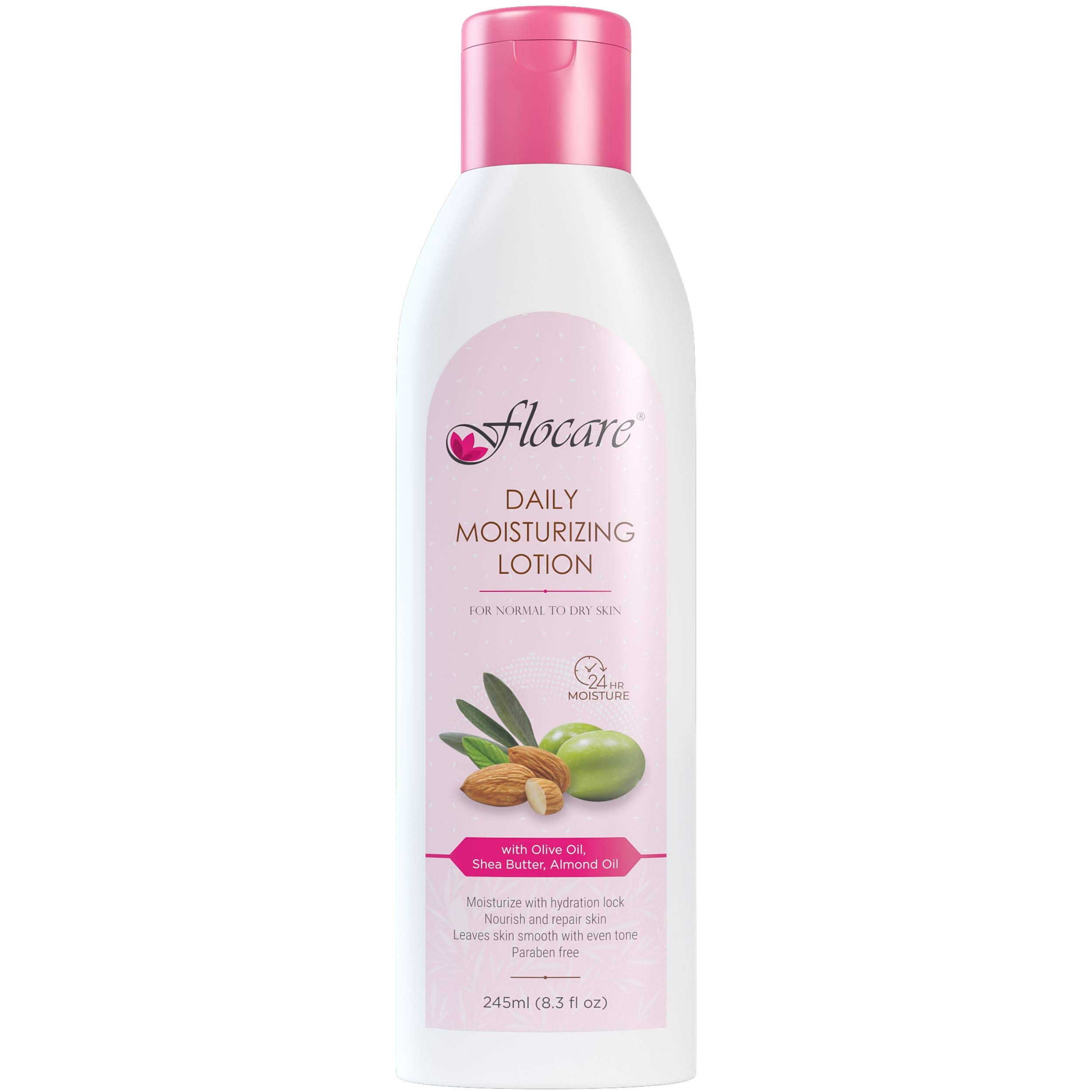 Flocare Daily Moisturizing Lotion for Normal to Dry Skin, 245 ml, Olive Shea Butter Almond, Full Day Moisture, Non Oily, Nourish and Repair Skin, Smooth Even Tone Skin, No Paraben (Pack of 1)
