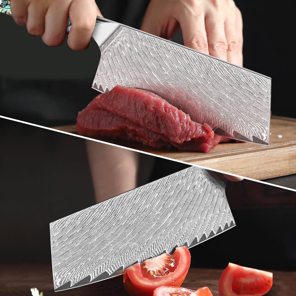 KEENZO Meat Cleaver Knife 7 inch, Razor Sharp Professional Chef Knife, Hand Forged Kitchen Knives, Japanese 67-Layers Damascus Steel Cooking Knife, Ergonomic Abalone Shell Resin Handle,Gift Box