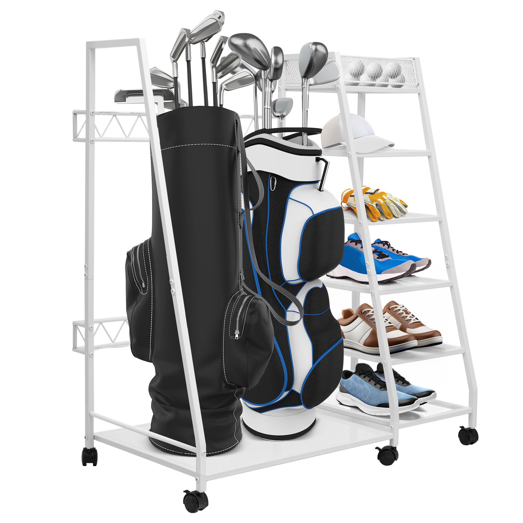 GENMOUS Golf Bag Organizer Garage Storage, Golfing Equipment Accessories, Golf Storage Rack Stand Fits for 2 Golf Bags, Golf Organizer for Garage, Club, Shed, Basement