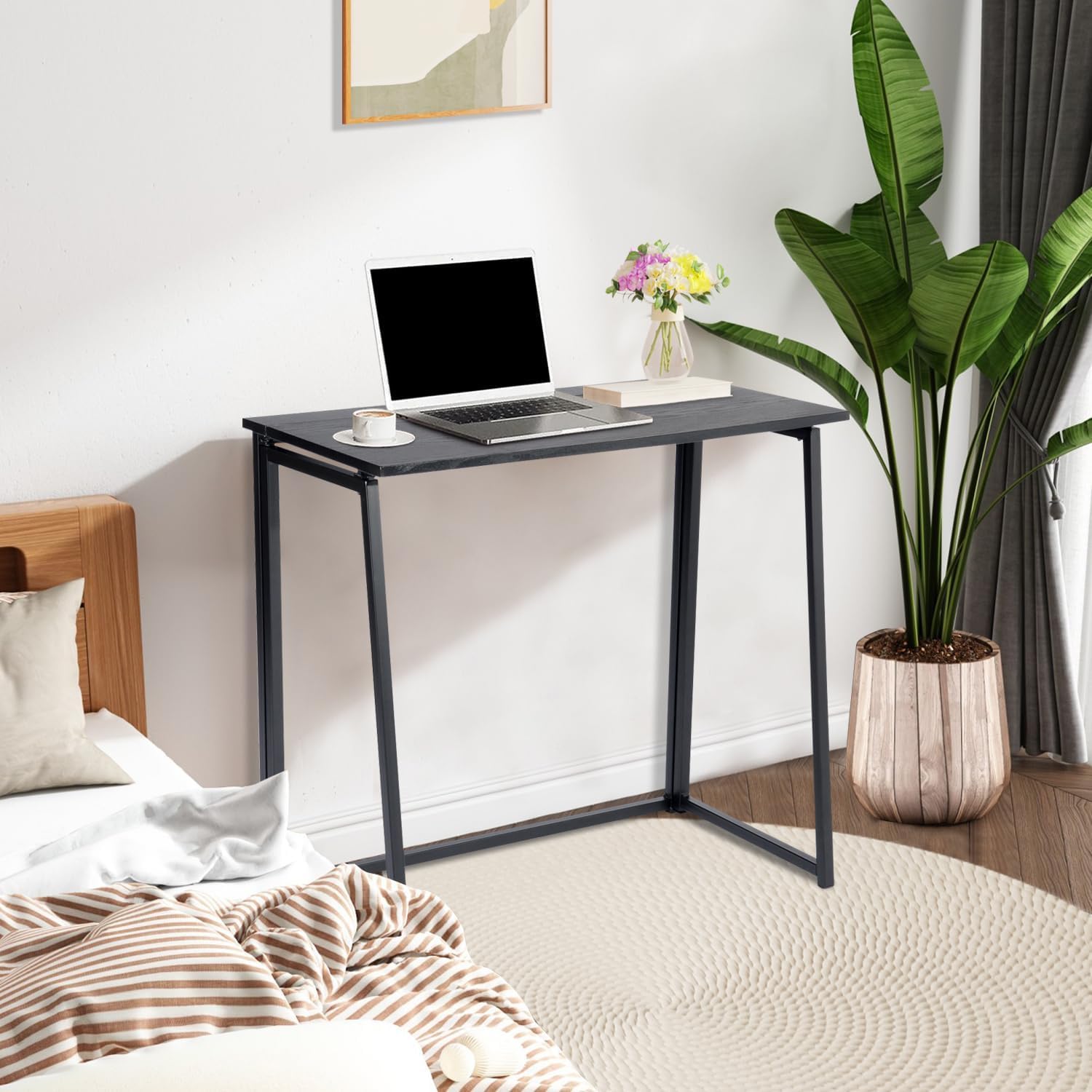 Ascoli BK Klappbarer Computertisch Laptoptisch Schreibtisch Arbeitszimmer Schreibtisch Faltbarer schmaler Tisch Computerarbeitsplatz mit Metallrahmen Schwarz