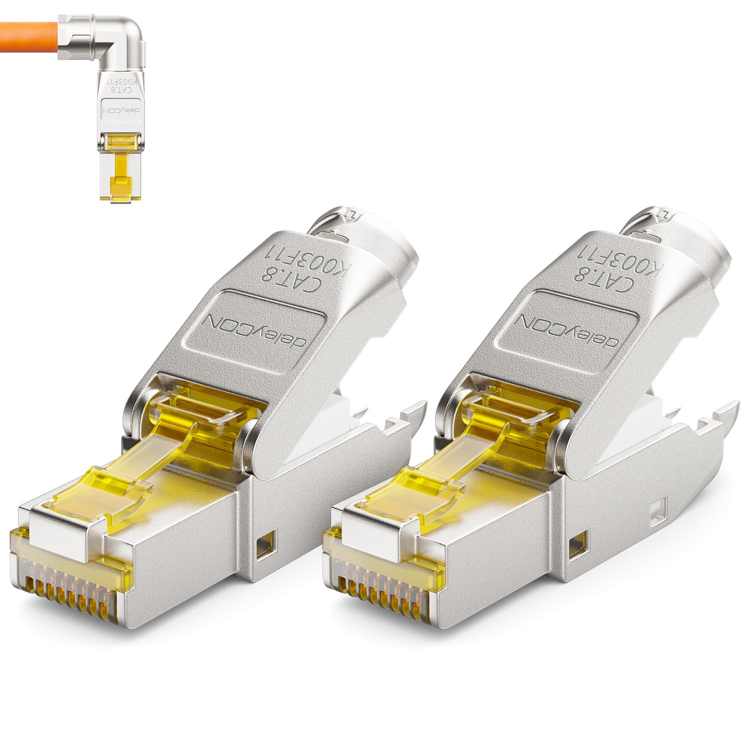deleyCON 2x CAT 8 Netzwerkstecker 90° Winkel Stecker RJ45 Werkzeuglos Geschirmt 40 Gbit/s Netzwerk Stecker für Starre Verlegekabel Rohkabel Steckverbinder RJ45 Ethernet LAN DSL Patchkabel