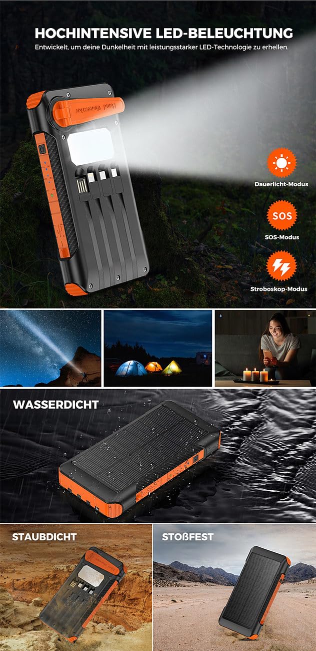 revolt Taschenlampen: 2er-Set Kurbel-Dynamo-Solar-Powerbanks, 10.000 mAh, USB-C PD bis 20 W (Powerbank mit Handkurbel, mit Lightning Anschluss, Outdoor)