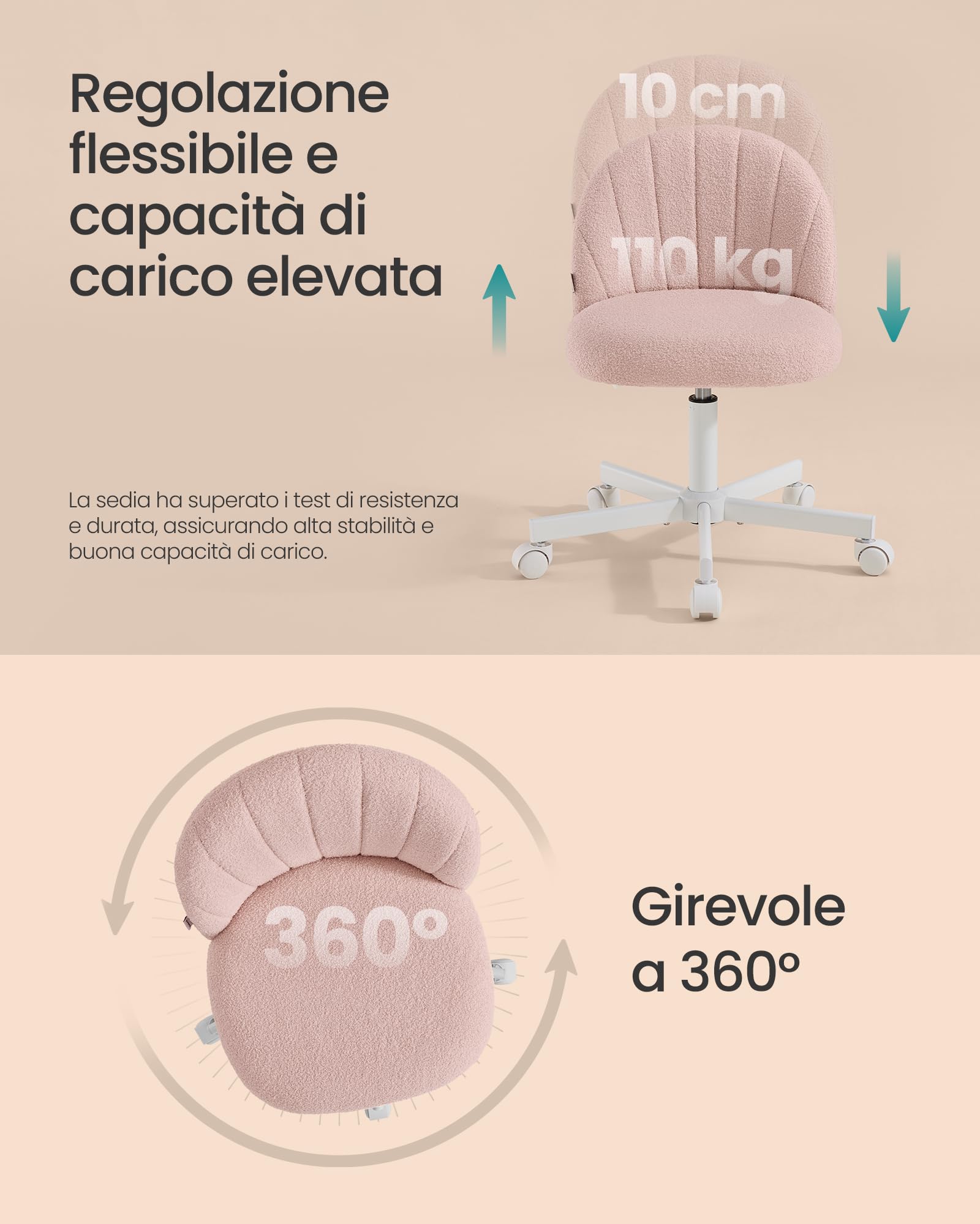 SONGMICS Sedia da Ufficio, Sgabello da Trucco in Tessuto Peluche, Sedia da Scrivania Imbottita in Gommapiuma, Regolabile in Altezza, Studio Camera da Letto Cabina Armadio, Rosa Pastello OBG027SA01