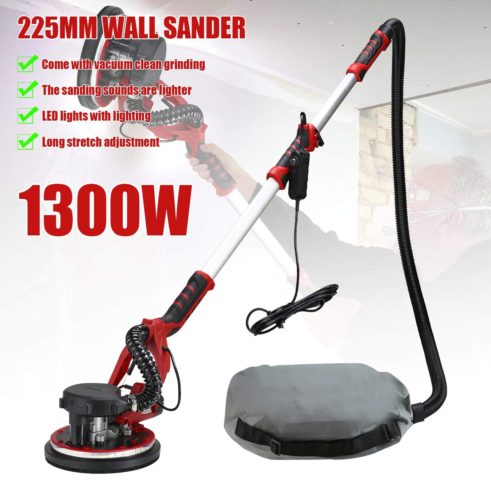 Lijadora jirafa con aspiradora 1390 W, lijadora Placo 225 MM, iluminación LED, 2800 RPM, 6 velocidades variables, jirafa lijadora para pared y techo (rojo)