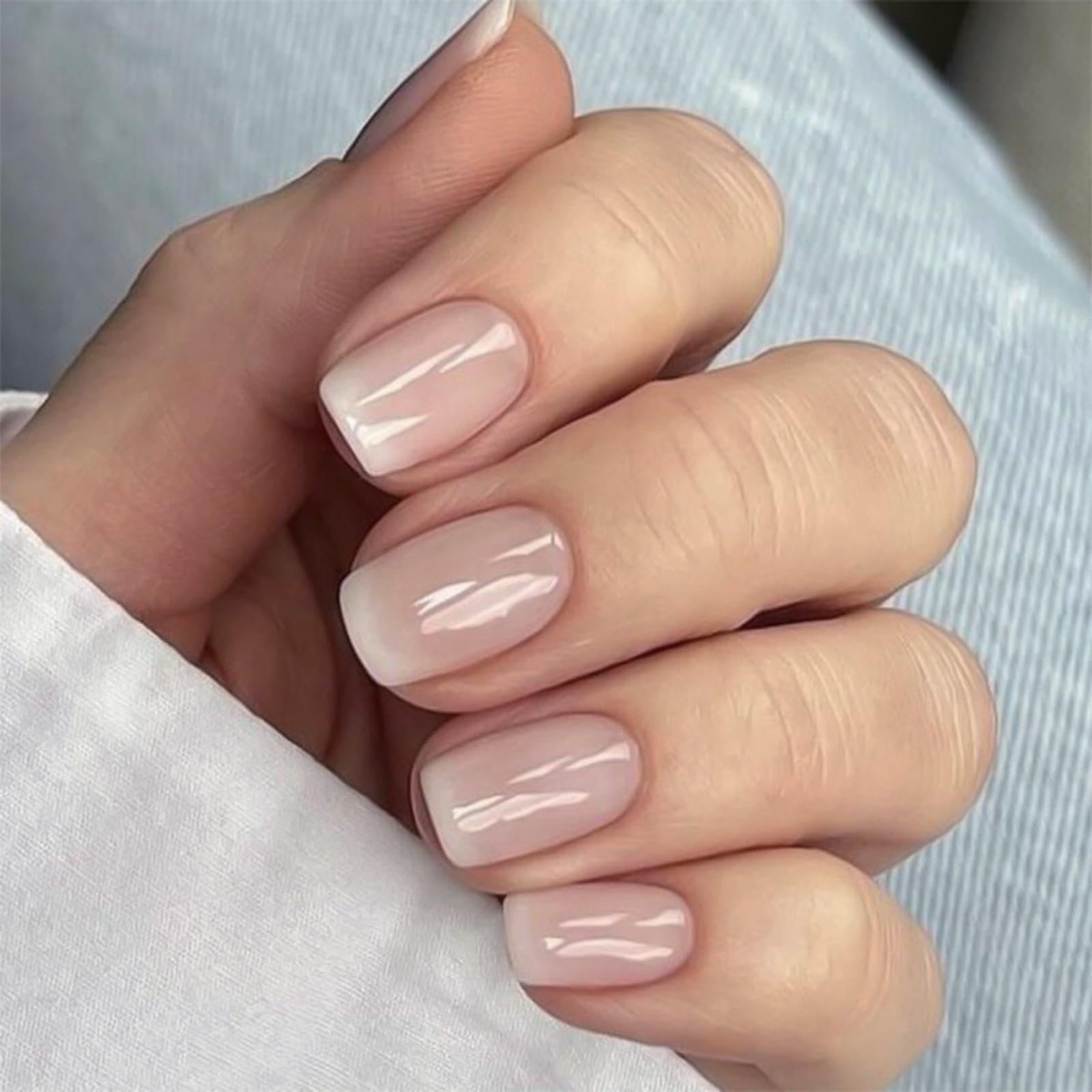 Ombre Press on Nails Short Square False Nails with Designs Cute Nude Pink Stick on Nails Full Cover Gradient White Fake Nail Reusable Glossy Summer